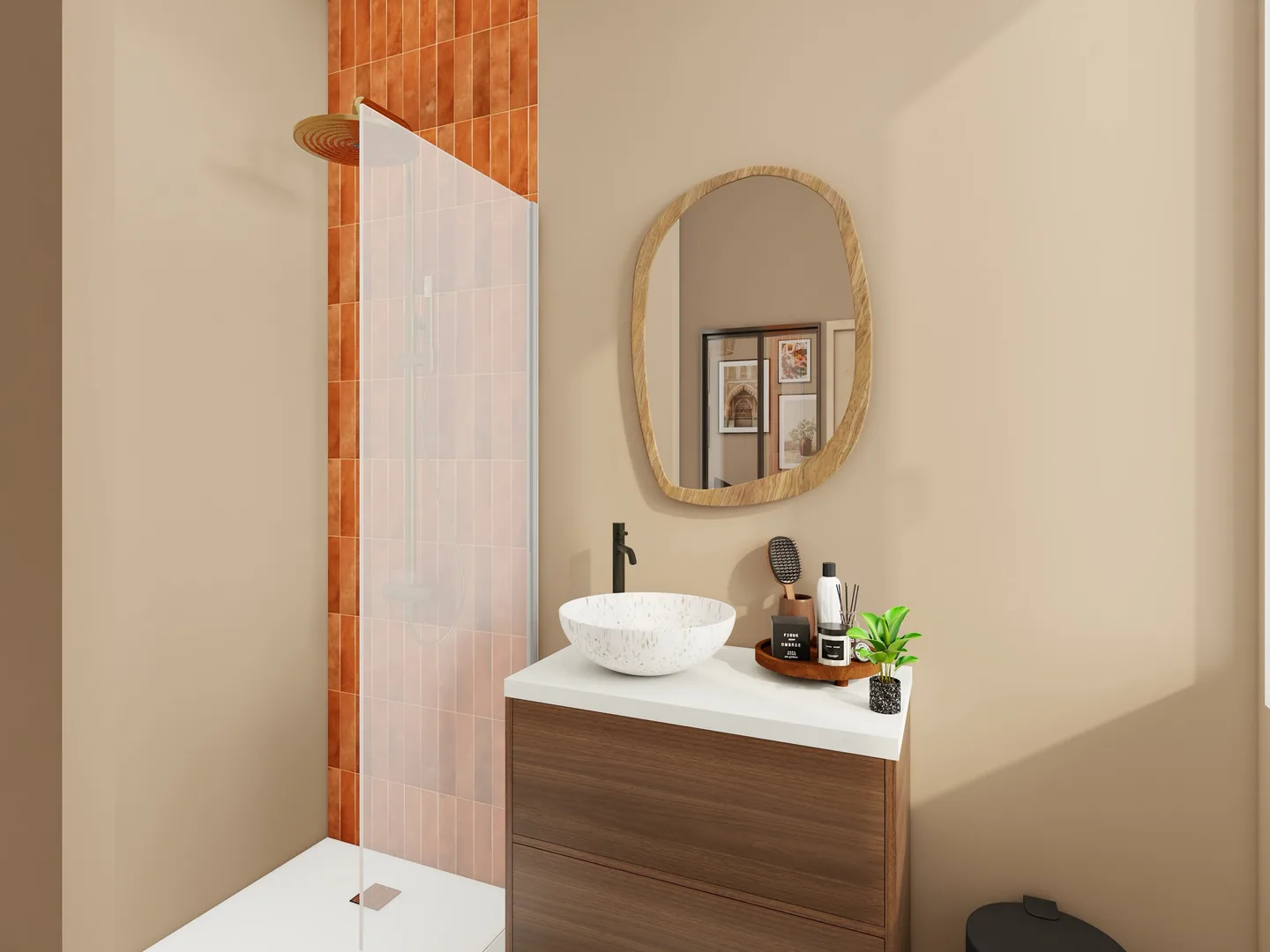 Rendu 3D d’une salle d’eau : douche en zellige orange, meuble vasque en bois, miroir à cadre de bois aux formes douces.