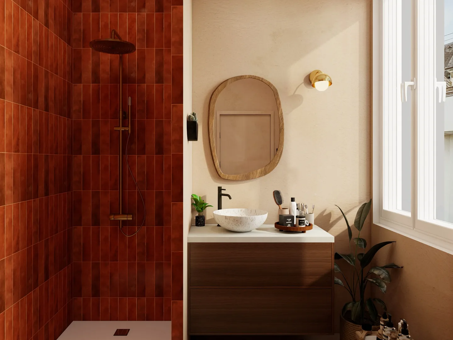Rendu 3D d’une salle d’eau : zellige orange brûlé, robinetterie dorée, miroir en bois, vasque posée.