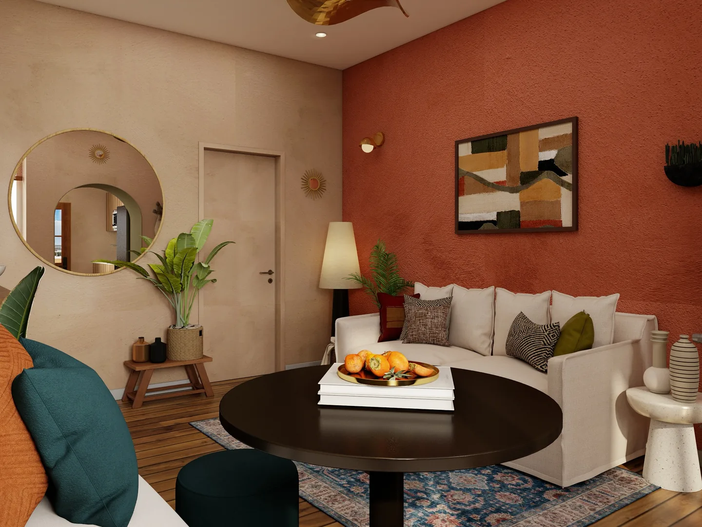 Rendu 3D d’un séjour : mur terre cuite, table ronde noire et coupe d’oranges, canapé blanc, miroir en rotin, tapis à motifs.