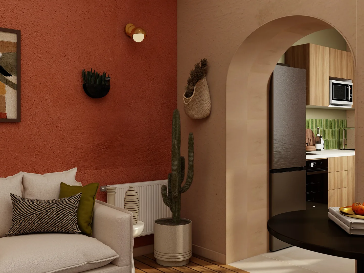 Rendu 3D d’un séjour : mur terre cuite, passage en arche vers la cuisine, cactus en pot, coussins verts et orange.