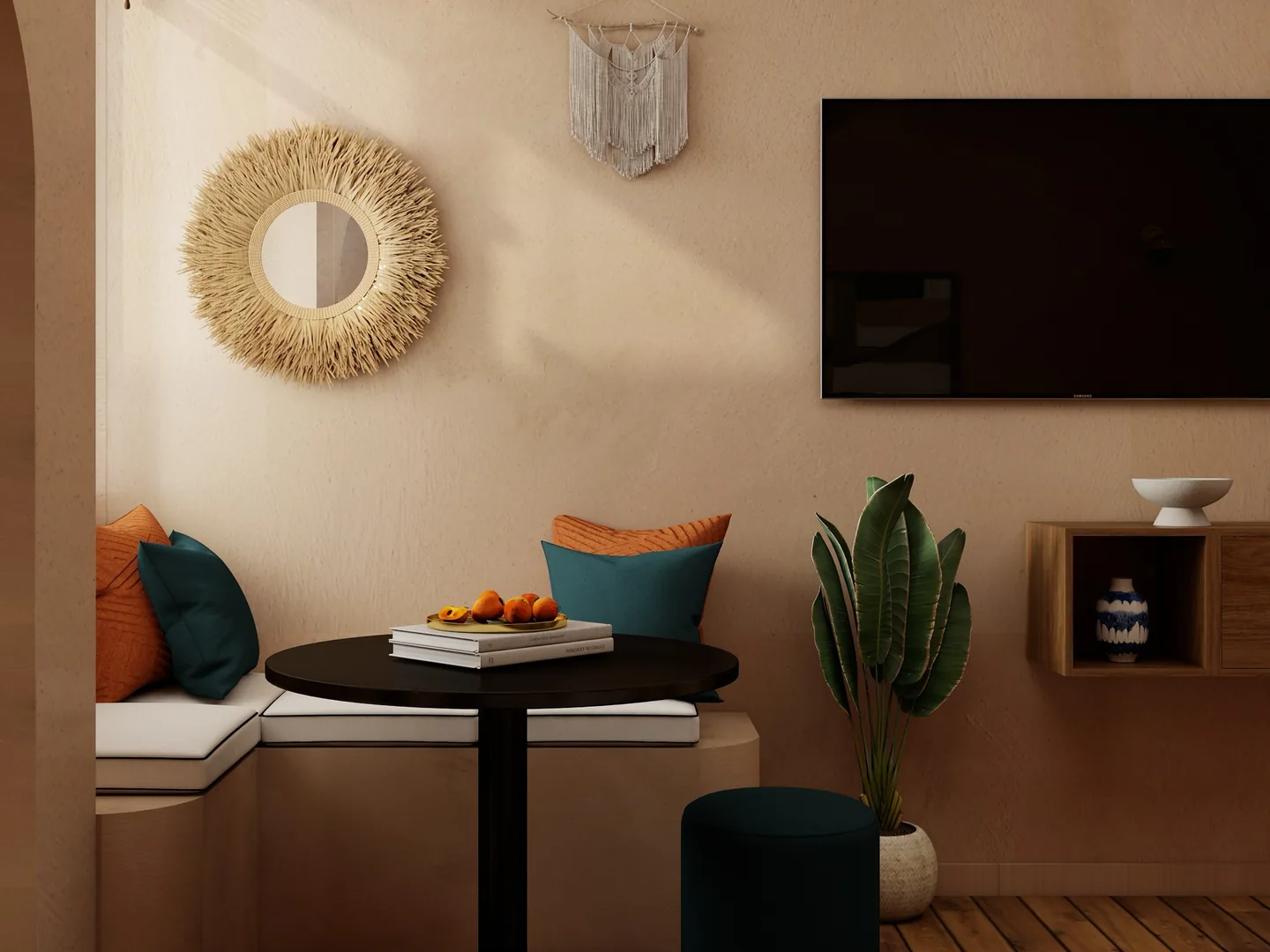 Rendu 3D d’un coin repas : banquette aux coussins bleu canard et orange, table ronde noire, miroir soleil en rotin.