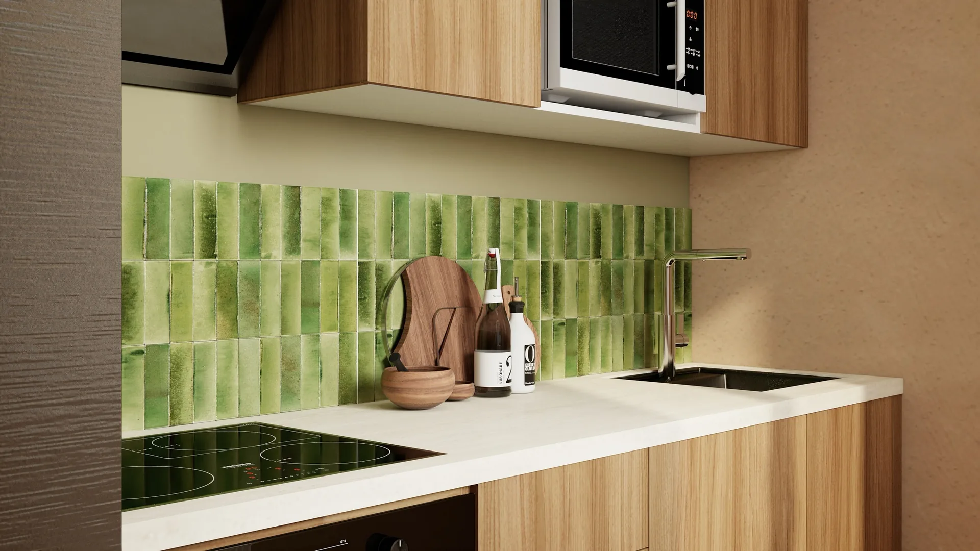 Rendu 3D d’une cuisine : crédence en zellige vert, façades en bois clair, plan de travail blanc.