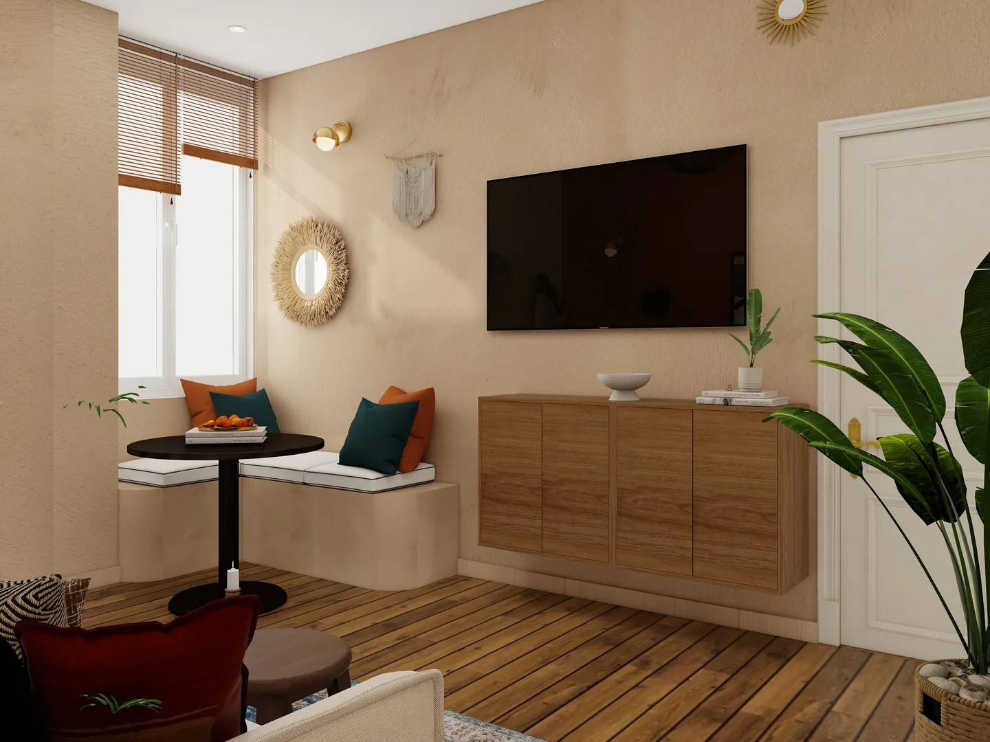 Rendu 3D d’un séjour : meuble télé suspendu en bois, télévision murale, coin repas sous la fenêtre, miroir soleil en rotin, parquet.