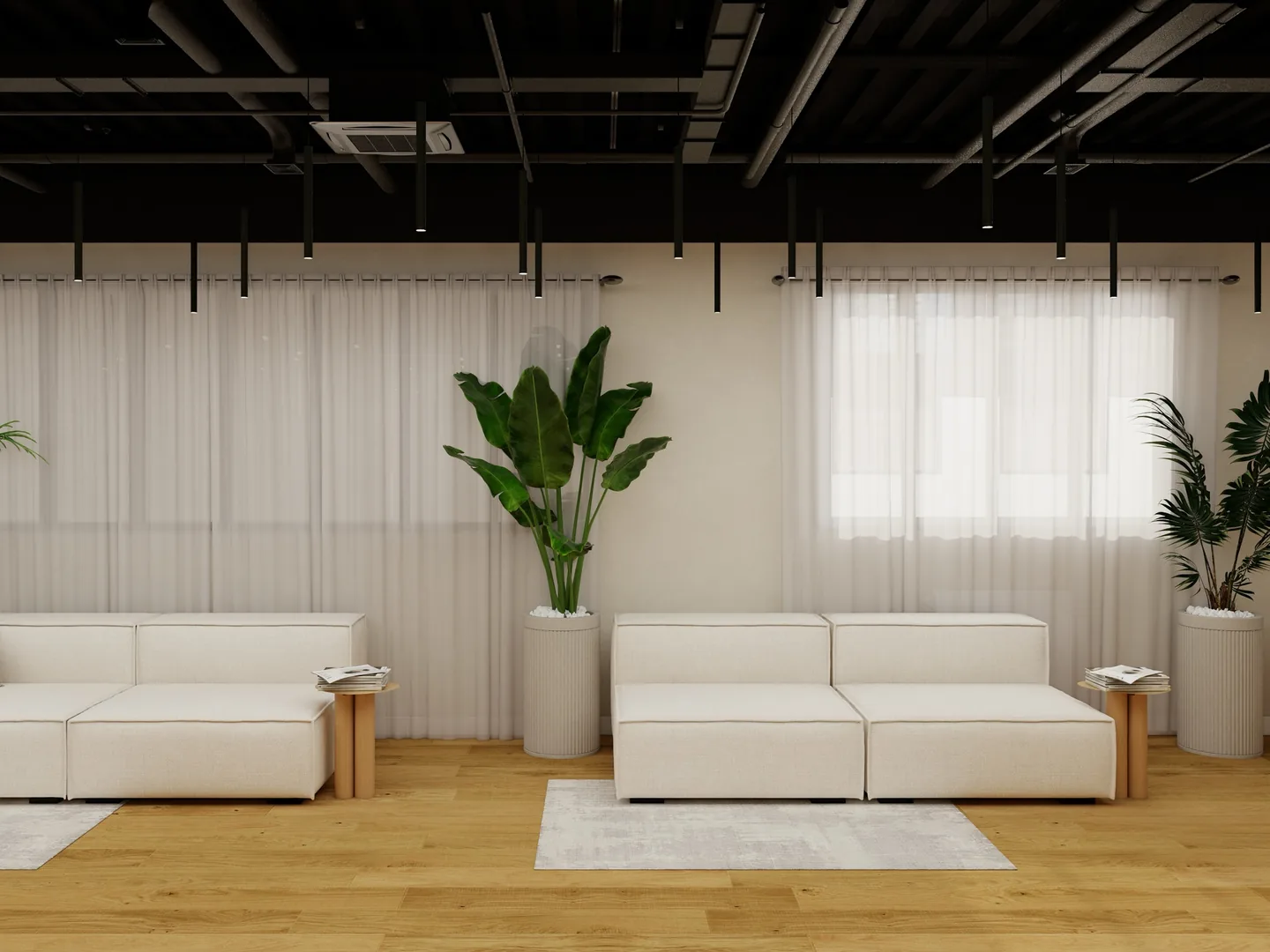 Rendu 3D d’un espace d’attente : canapés blancs modulables, grandes plantes, voilages, plafond noir aux réseaux apparents.