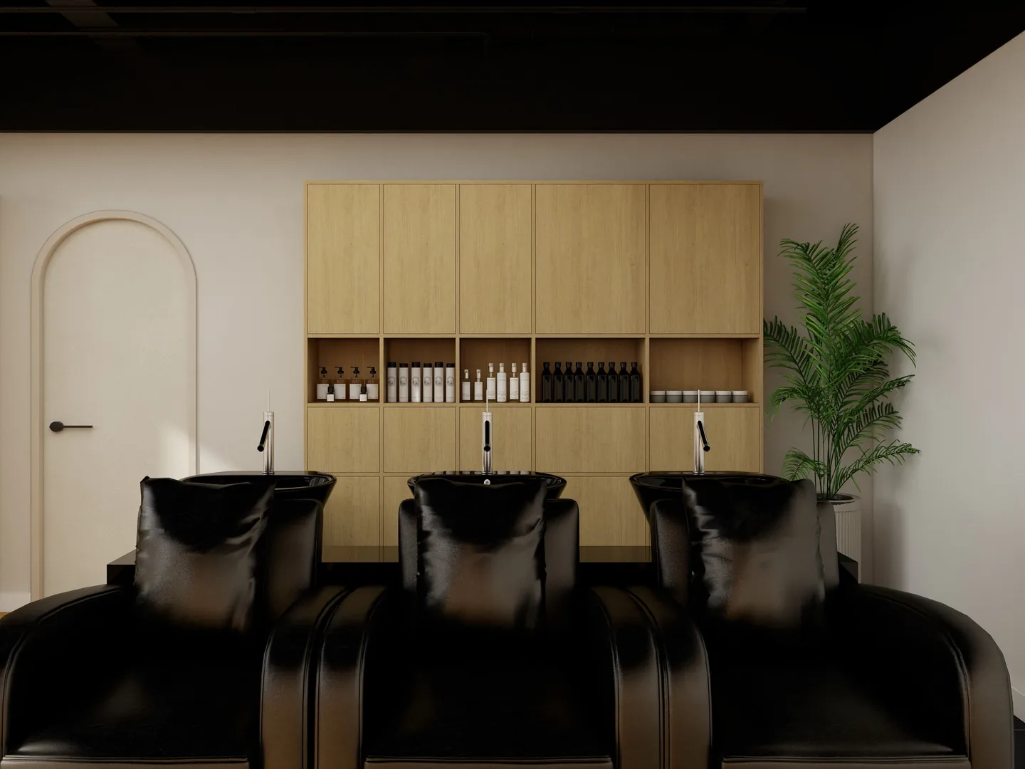 Rendu 3D d’un bac à shampoing : trois fauteuils de lavage noirs, rangements en bois clair, porte en arche, plante verte.
