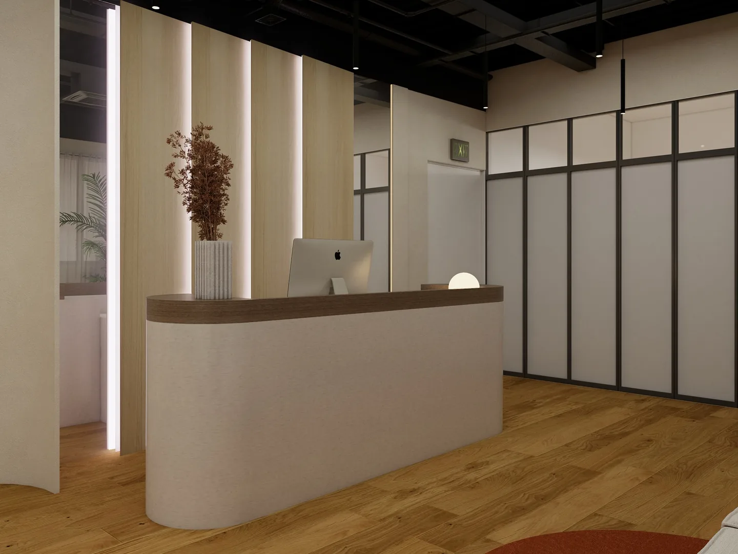 Rendu 3D d’un accueil : comptoir arrondi beige au plateau de bois, lames de bois éclairées, plafond noir, parquet.