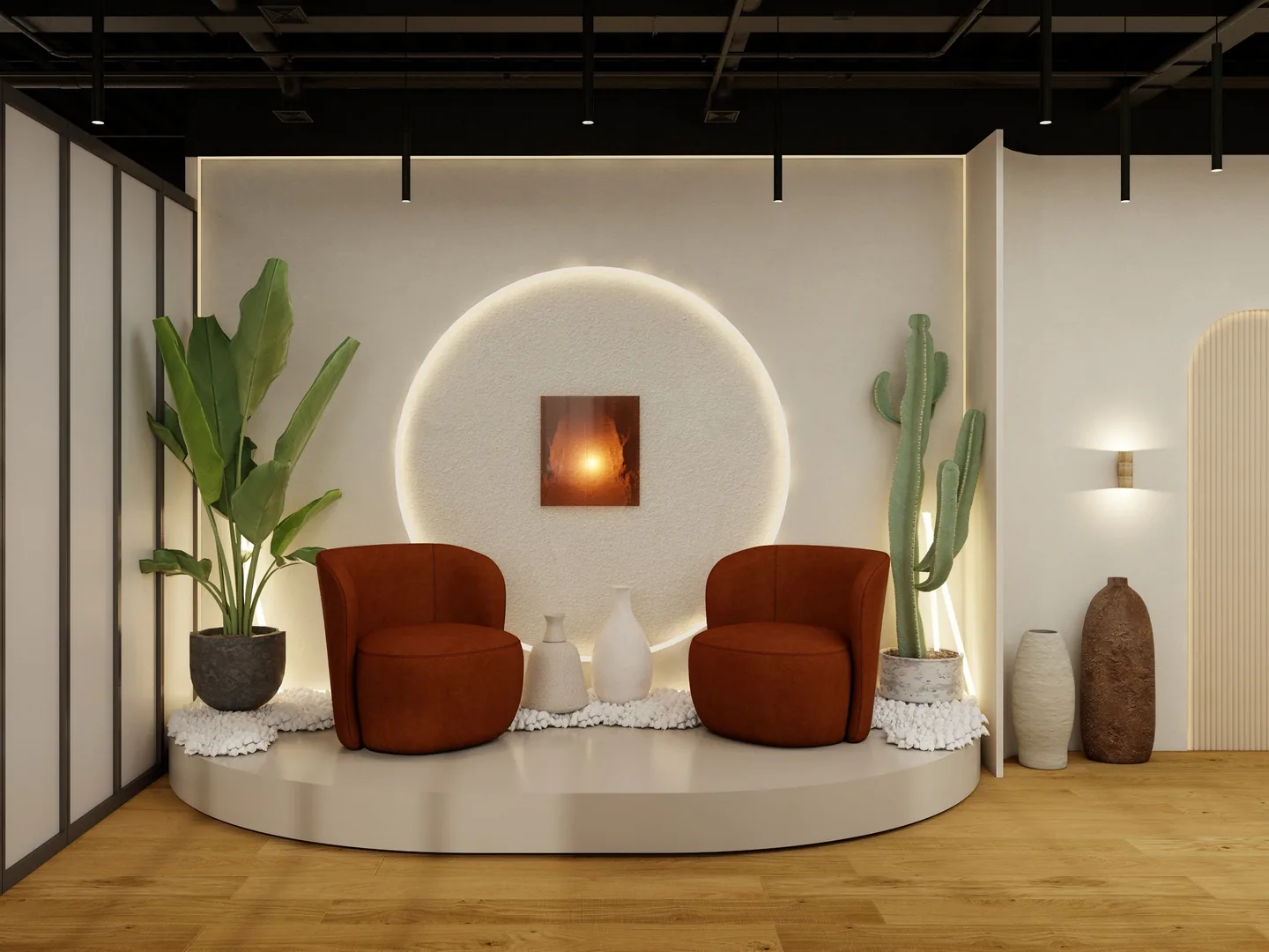 Rendu 3D d’un coin photo : deux fauteuils couleur rouille sur une estrade, cercle lumineux, cactus, grandes plantes.