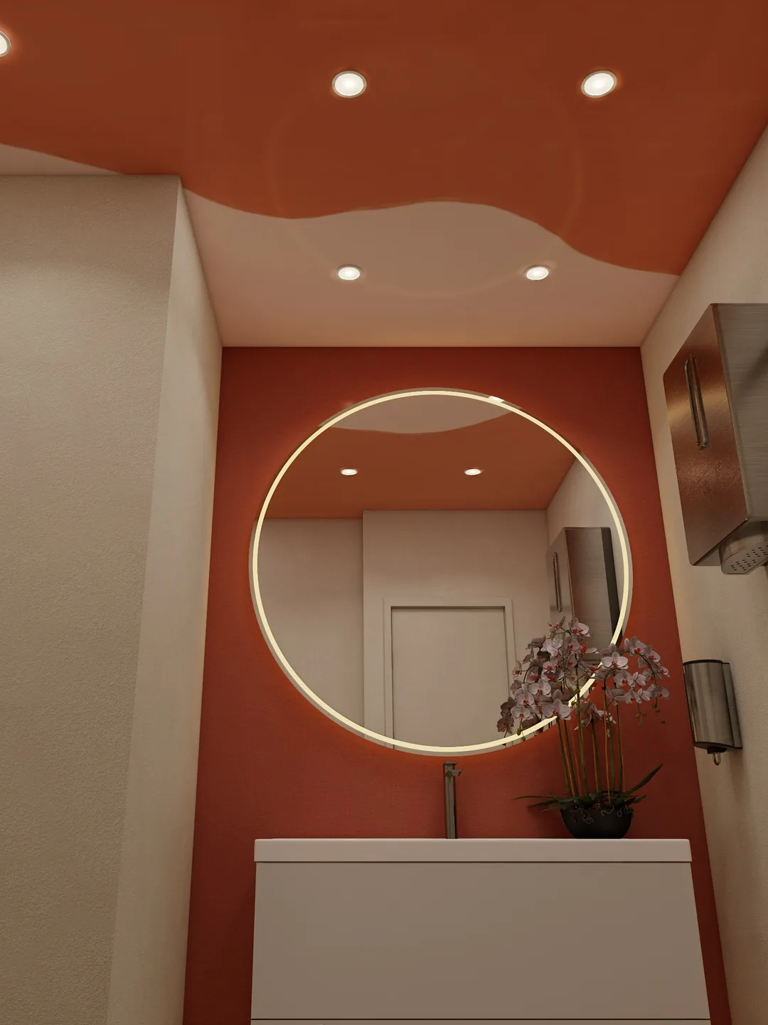 Rendu 3D d’un cabinet de toilette : mur terre cuite, grand miroir rond éclairé, orchidée, vasque blanche.