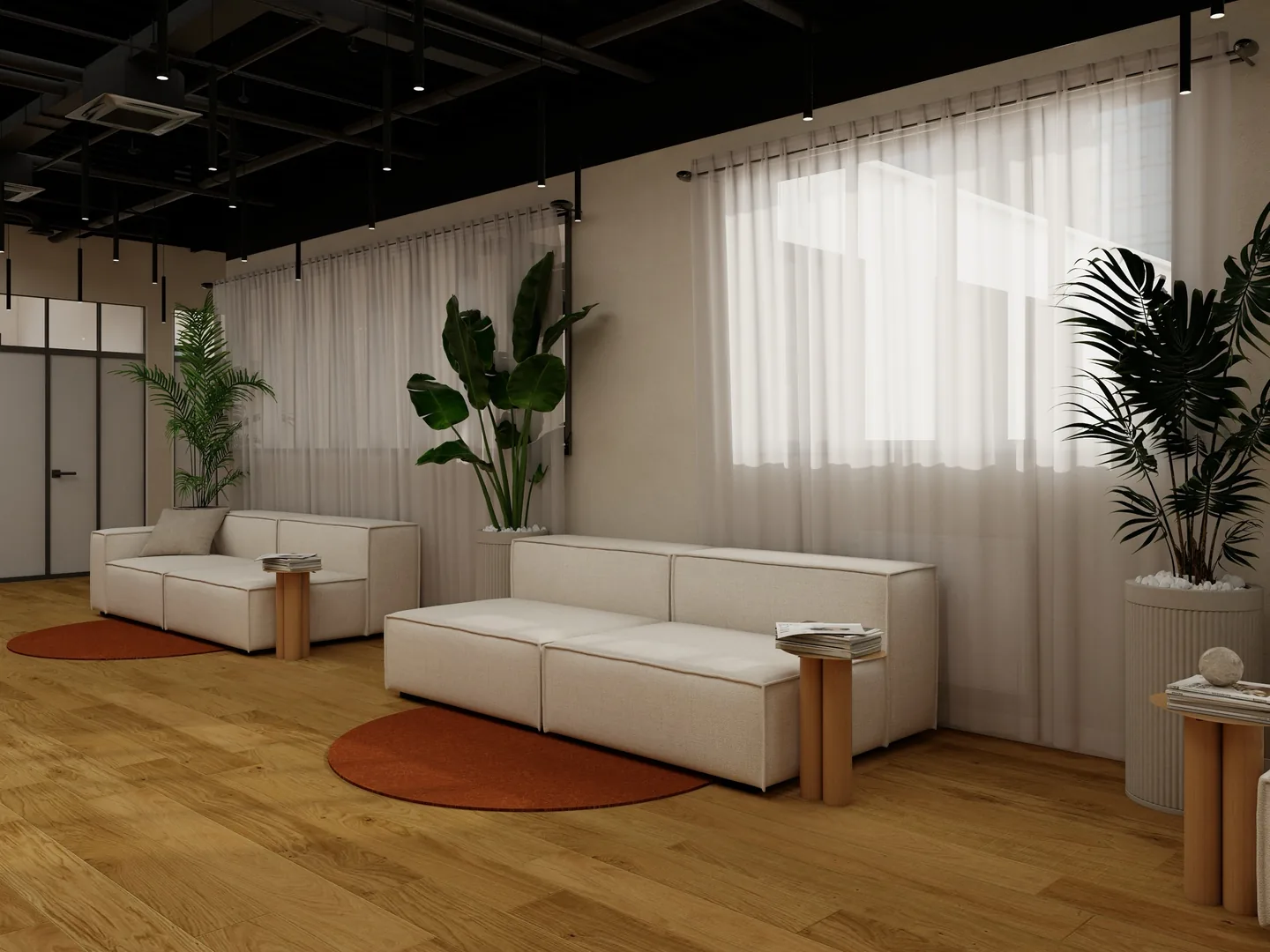 Rendu 3D d’un espace d’attente : canapés blancs modulables, tapis ronds couleur terre cuite, grandes plantes, voilages.