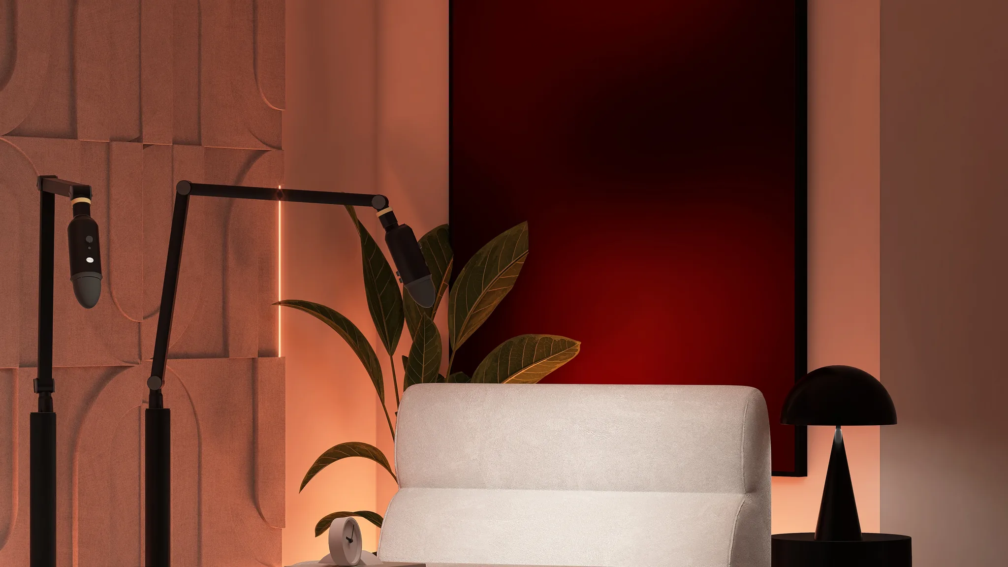 Rendu 3D d’un studio de podcast : fauteuil blanc, grand tableau rouge, plante, lampe noire, micro sur bras articulé.