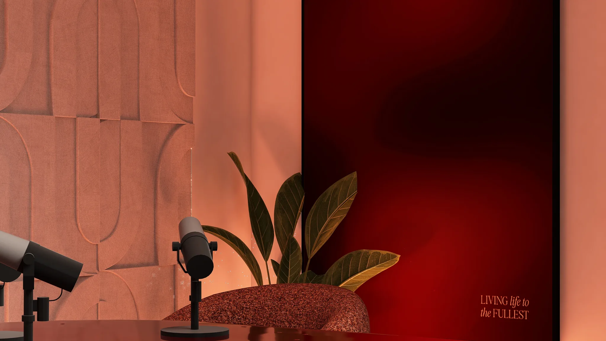Rendu 3D d’un plateau d’enregistrement : micros sur une table sombre, chaise bouclée rouille, grand tableau rouge, plante.