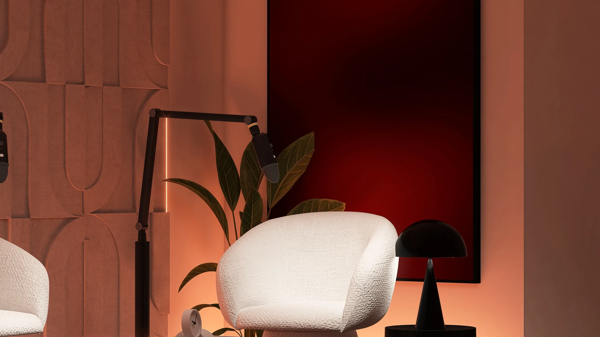 Rendu 3D d’un coin salon : fauteuil bouclé blanc, lampe noire, micro sur bras articulé, grand tableau rouge, plante.