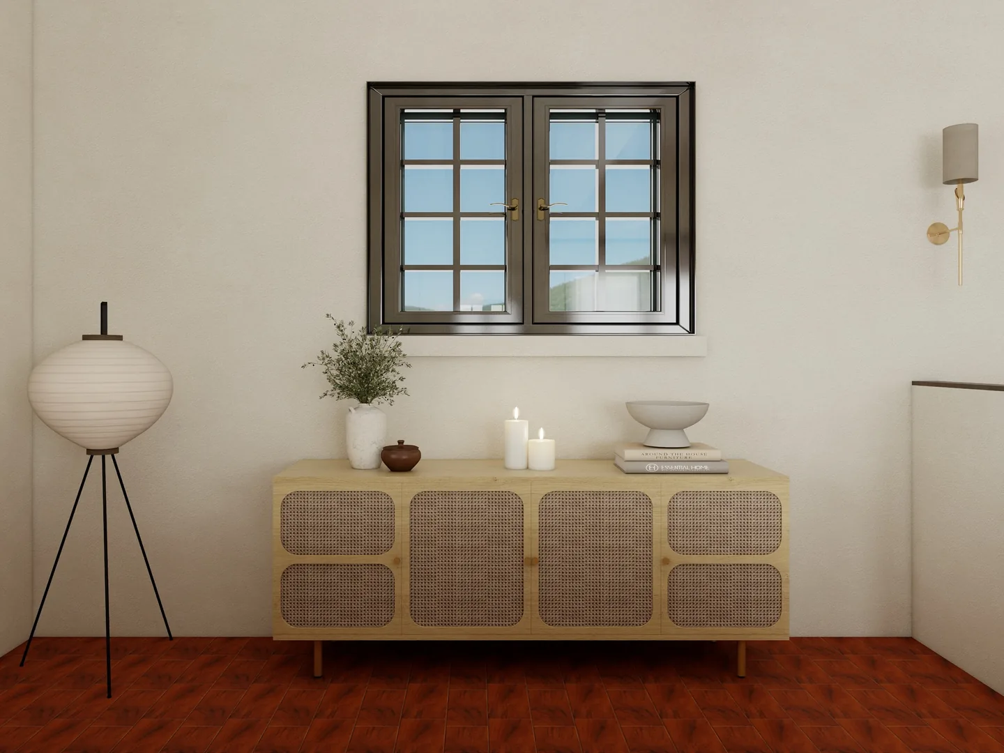 Rendu 3D d’une entrée : sol en tomettes rouges, buffet en bois et cannage, lampe en papier, fenêtre à petits carreaux.