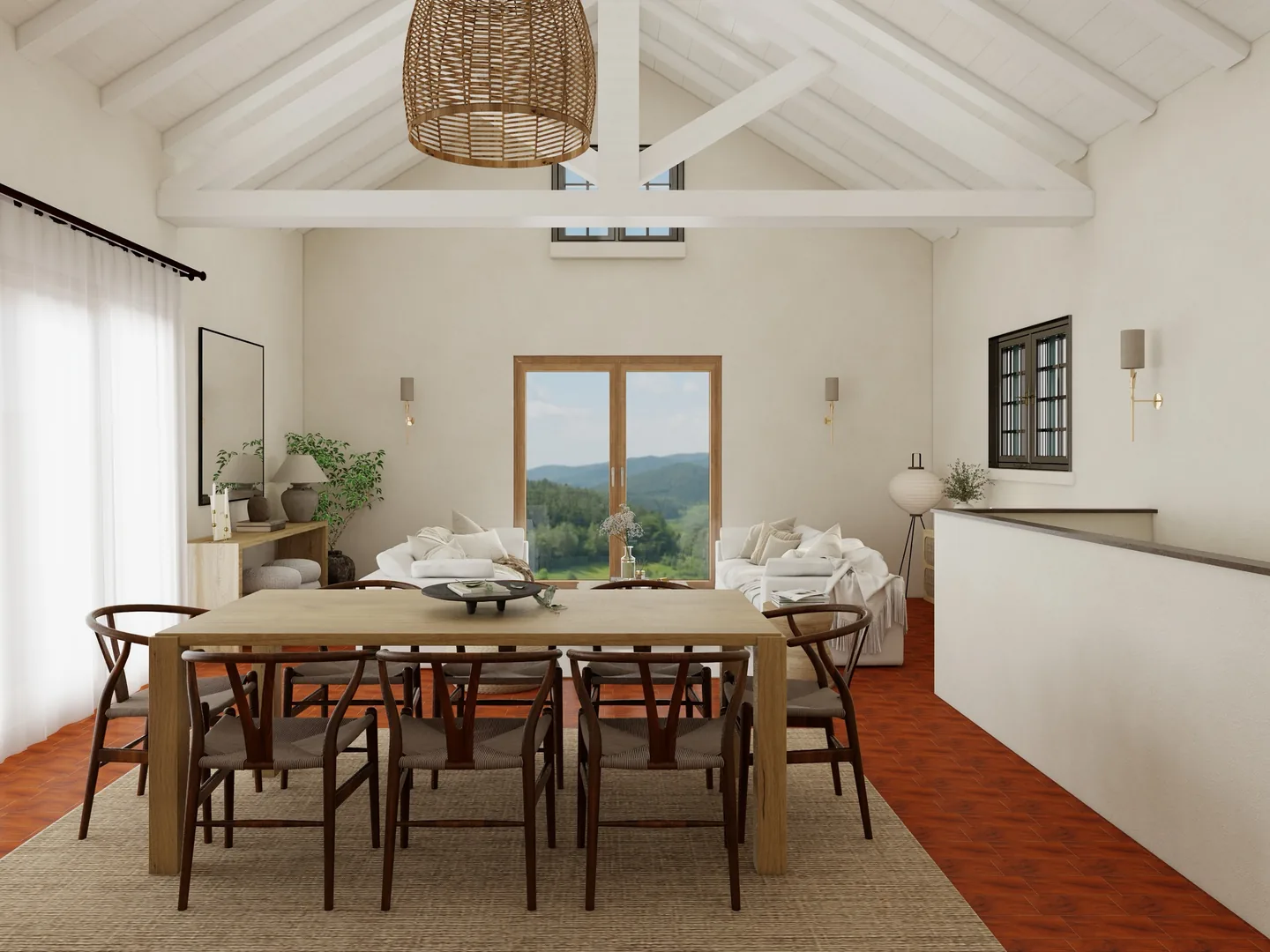 Rendu 3D d’une salle à manger : longue table en bois, chaises en bois, suspension en rotin, poutres blanches, sol en tomettes, vue sur les collines.