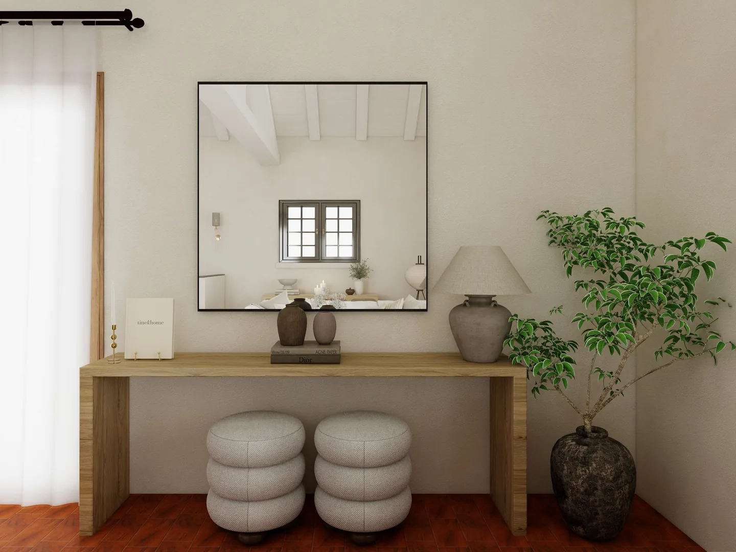 Rendu 3D d’une entrée : console en bois, grand miroir, poufs blancs, olivier en pot, sol en tomettes.