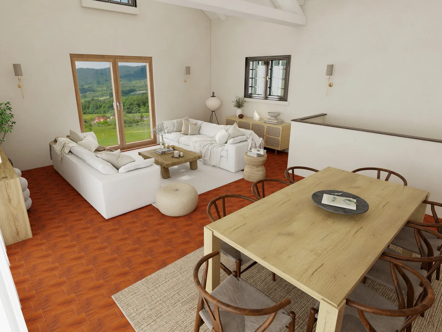 Rendu 3D d’un séjour vu d’en haut : canapés blancs, table en bois, chaises en bois, sol en tomettes rouges.