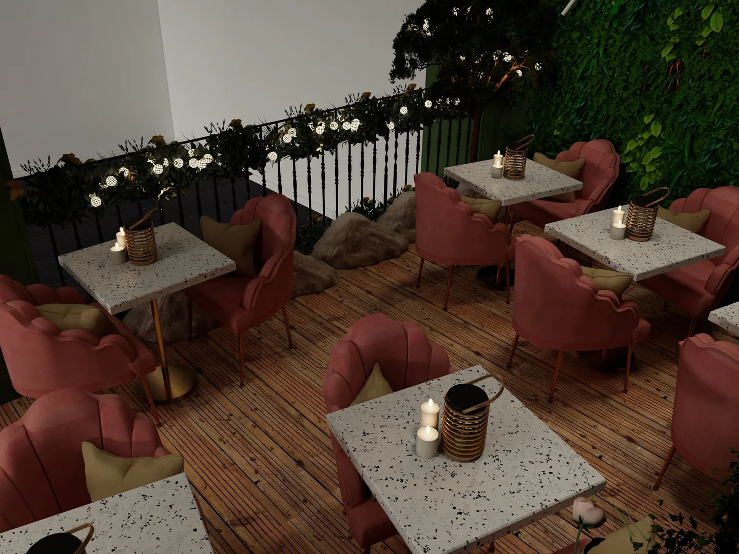 Rendu 3D d’une salle : tables en terrazzo et bougies, fauteuils en velours rose, garde-corps noir couvert de fleurs blanches.