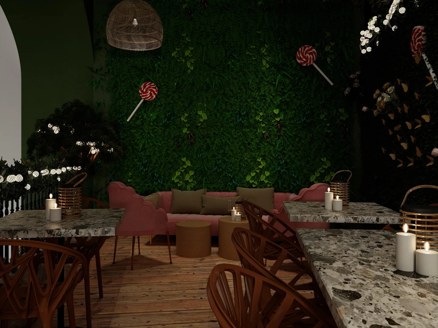 Rendu 3D d’une salle : mur végétal décoré de sucettes géantes, banquette rose, grande table en terrazzo, suspension en rotin.