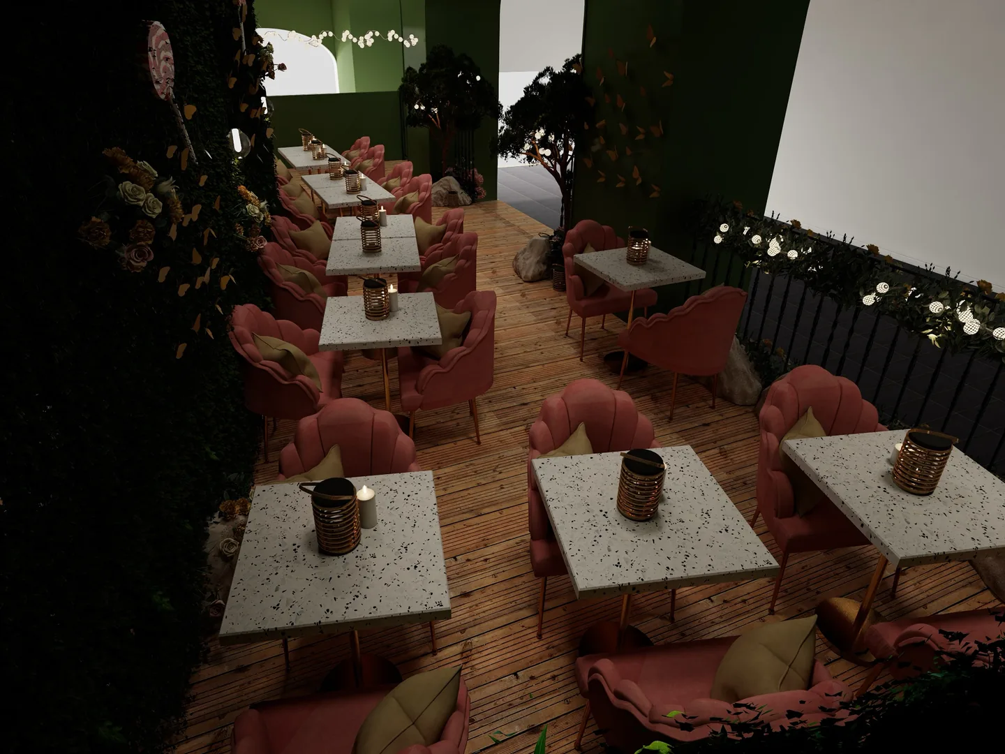 Rendu 3D d’une salle en longueur : rangées de tables en terrazzo, fauteuils roses, plantes et fleurs blanches, plancher en bois.
