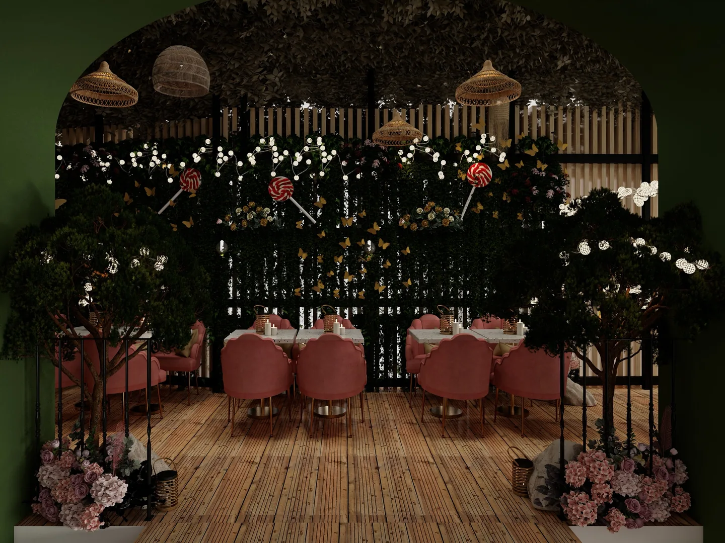 Rendu 3D d’une salle aux allures de jardin vue depuis une arche : tables dressées, fauteuils roses, arbres fleuris, suspensions en osier.