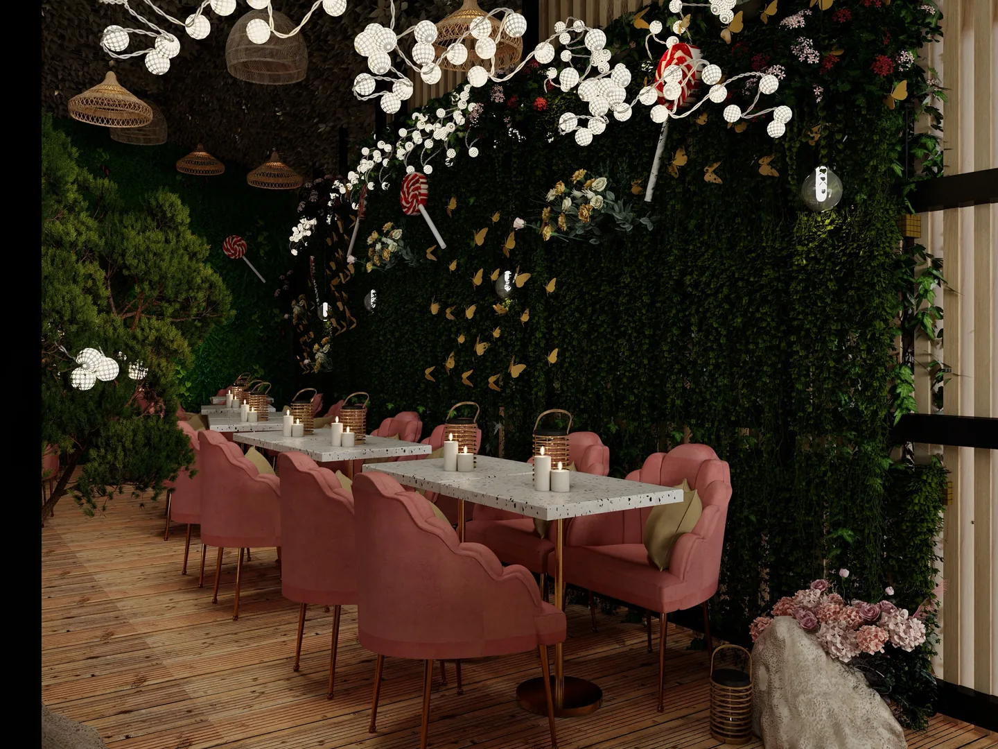 Rendu 3D d’une salle : longue tablée aux fauteuils roses, mur végétal piqué de fleurs blanches, sucettes géantes, suspensions en osier.