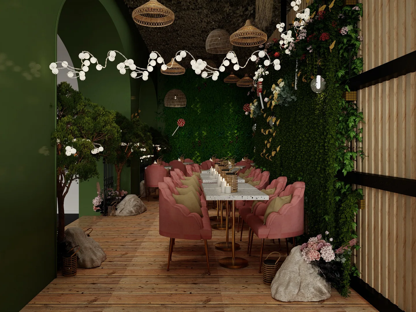 Rendu 3D d’une salle en longueur : fauteuils roses, tables en terrazzo, guirlande de fleurs blanches, lames de bois, rochers décoratifs.
