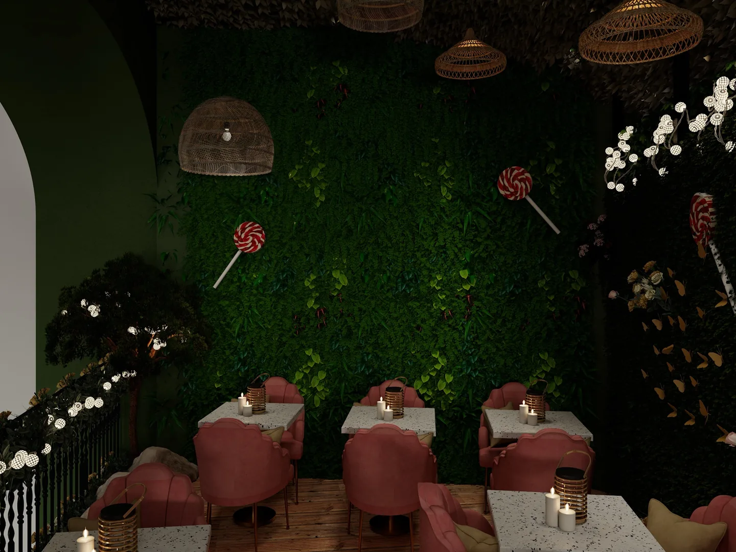Rendu 3D d’une salle : mur végétal, sucettes géantes, fauteuils roses autour de tables en terrazzo, suspensions en osier.