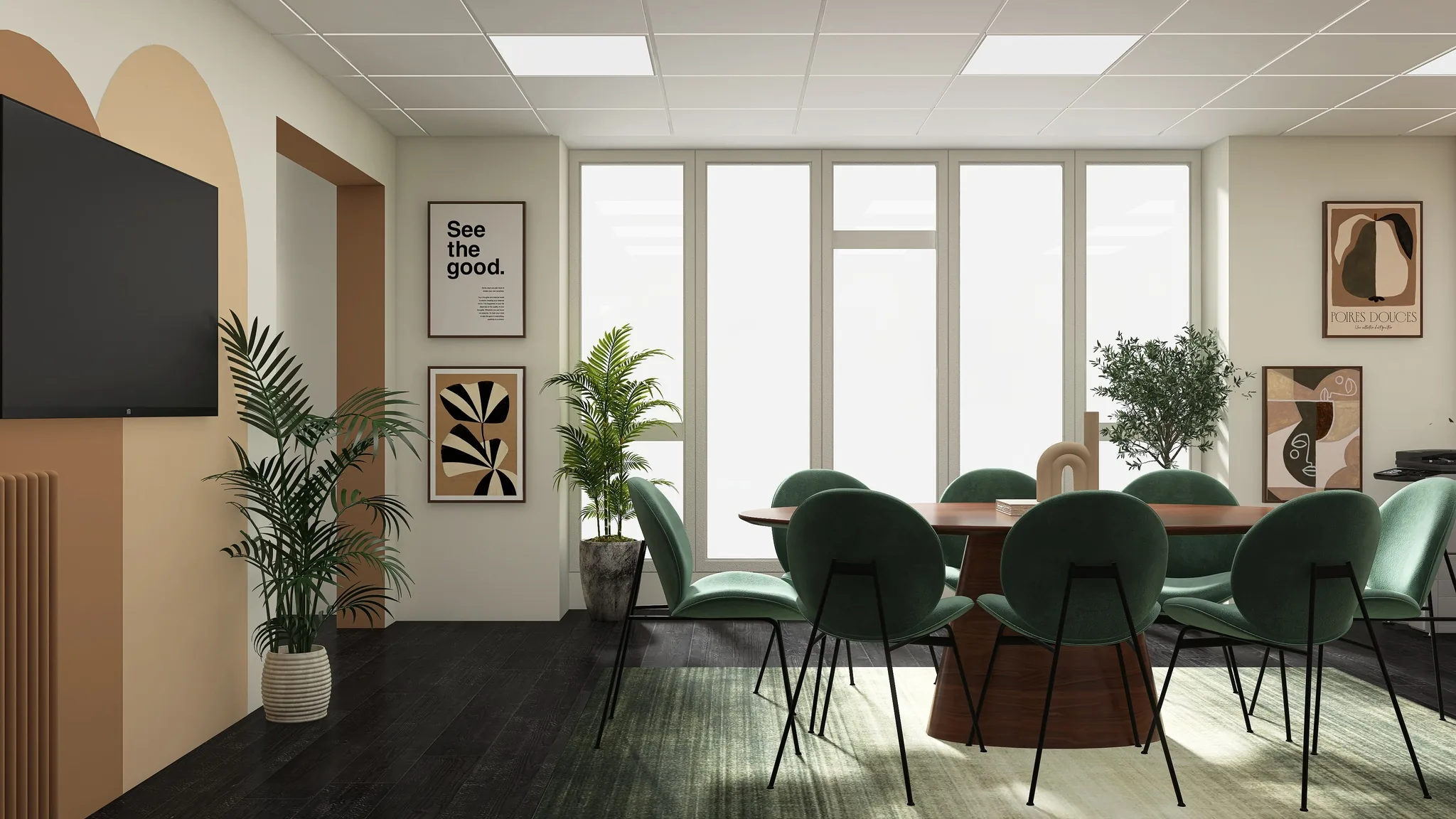 Rendu 3D d’une salle de réunion : table ronde aux chaises vert d’eau, grandes fenêtres, tableaux graphiques, sol sombre.