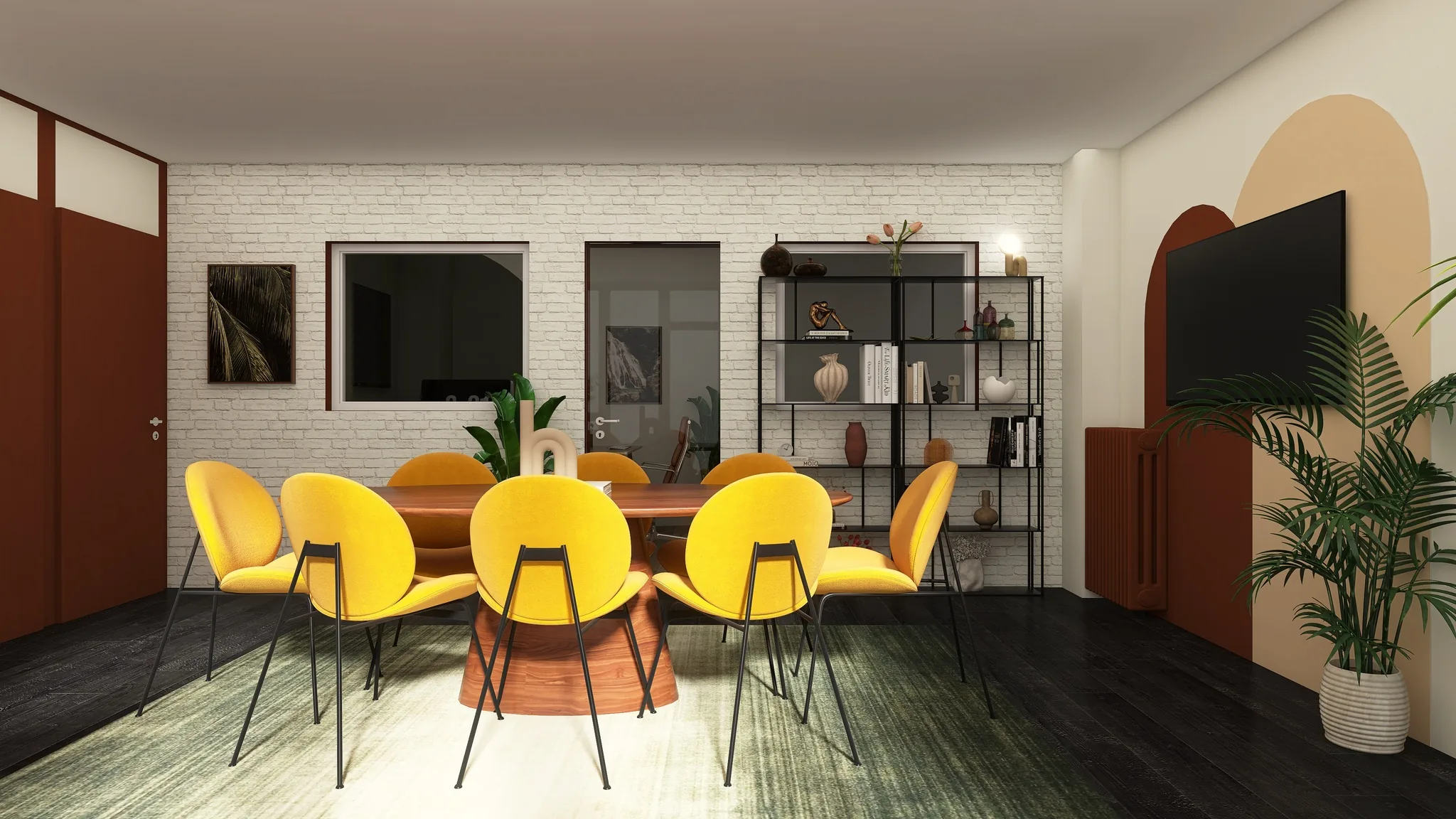 Rendu 3D d’une salle de réunion : chaises jaunes autour d’une table ronde, mur de briques blanches, arche peinte, étagère noire.