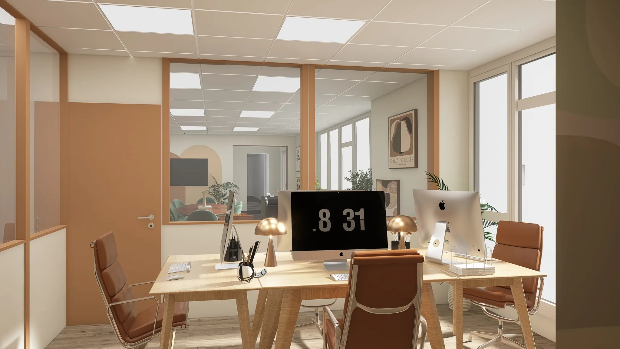 Rendu 3D d’un bureau : table en bois clair, ordinateurs, fauteuils cognac, cloisons vitrées à cadre bois.