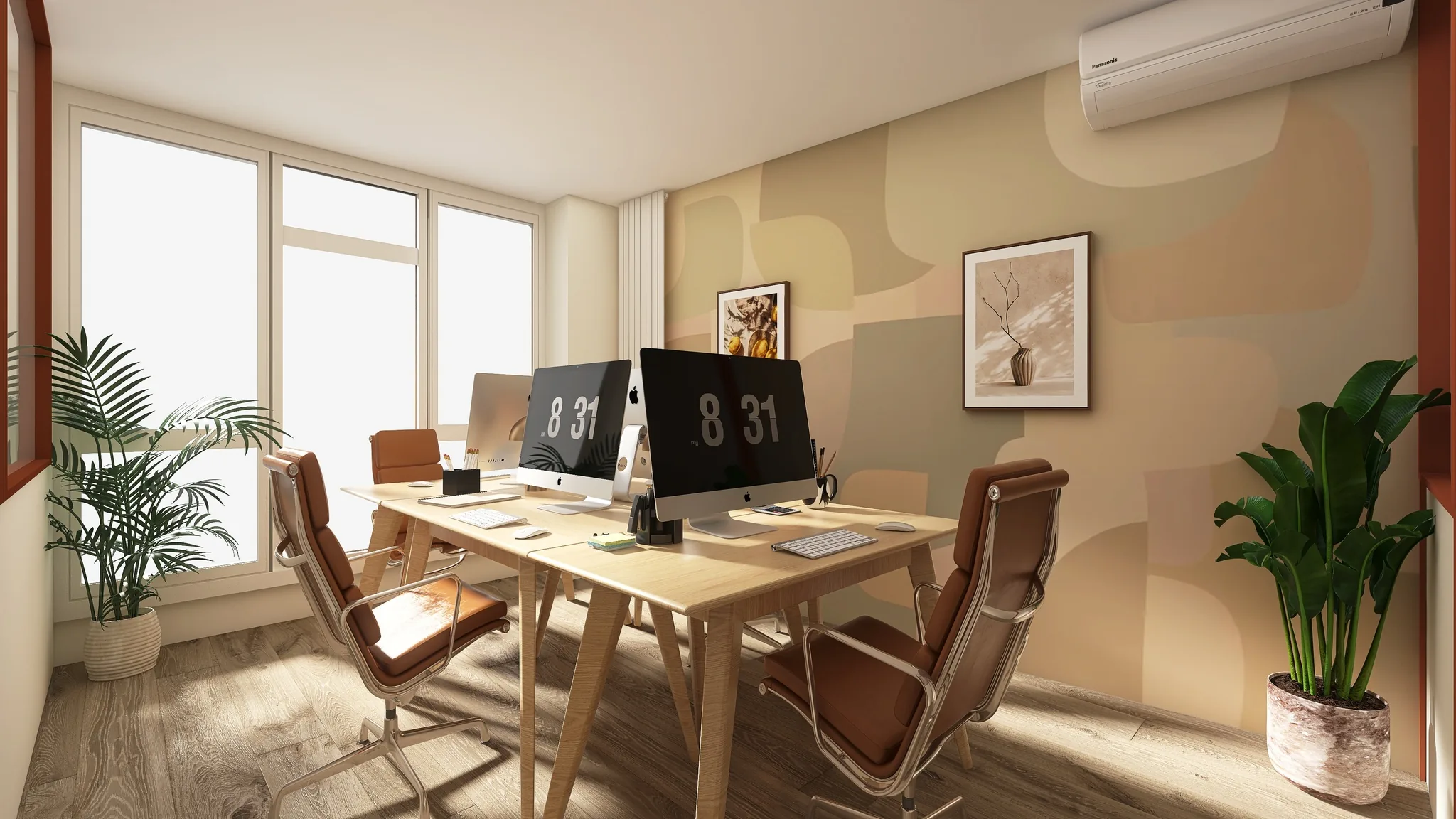 Rendu 3D d’un bureau : deux postes en bois clair, fauteuils cognac, mur peint de formes douces, grandes fenêtres.