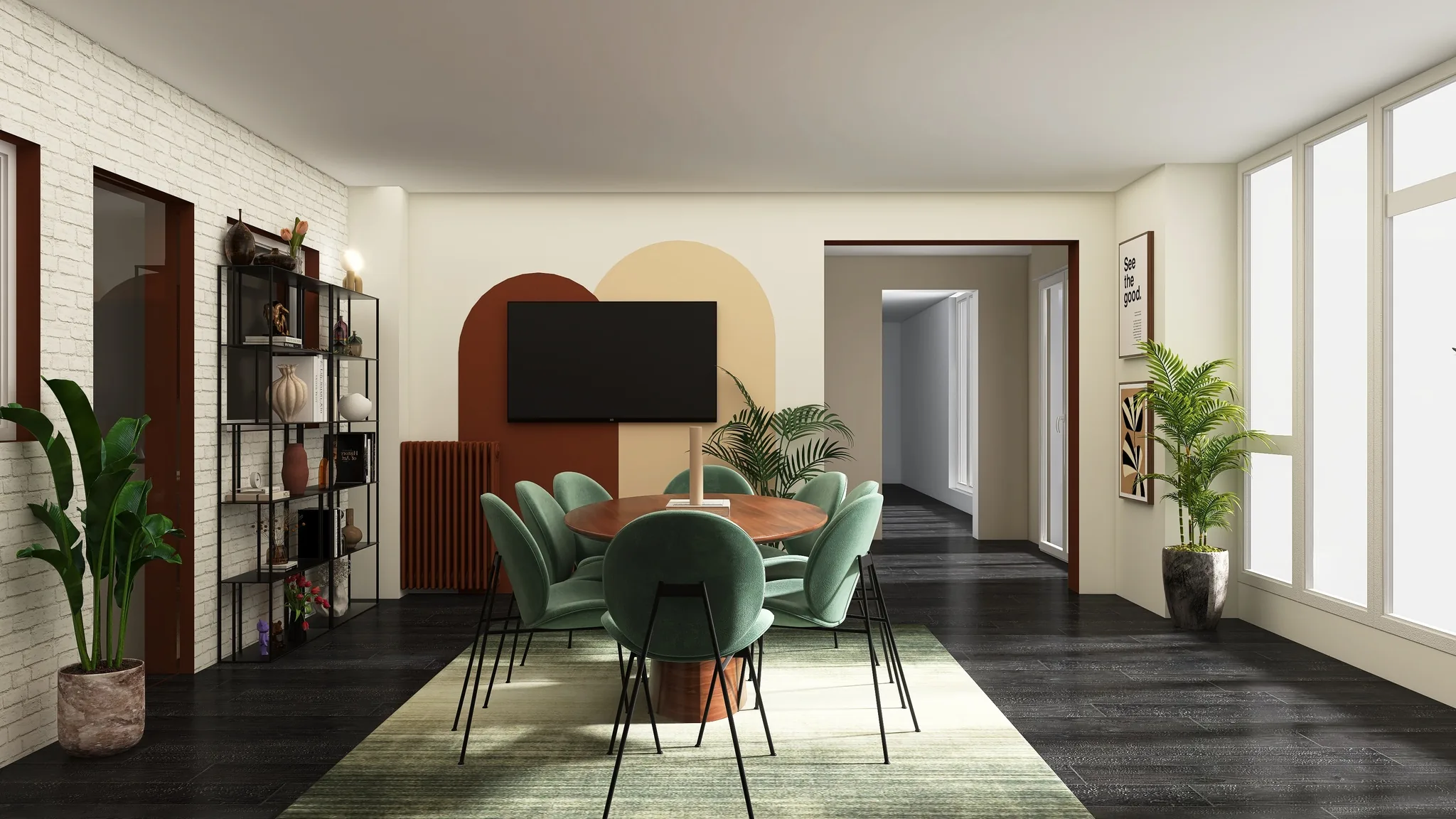 Rendu 3D d’une salle de réunion : chaises vert d’eau, arche peinte terre cuite, télévision, étagère noire, couloir.