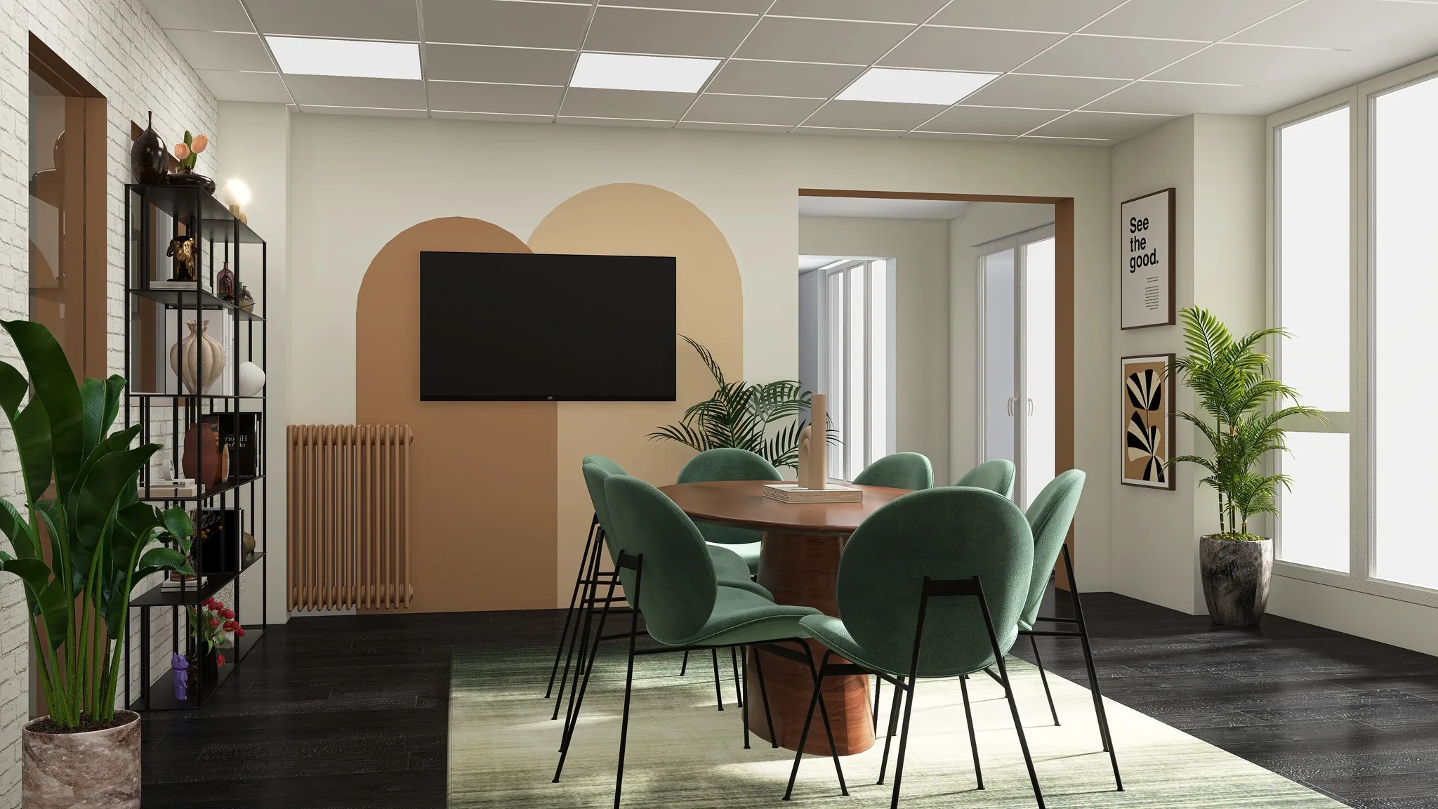 Rendu 3D d’une salle de réunion : arche peinte et télévision, chaises vert d’eau, radiateur cuivré, plantes.