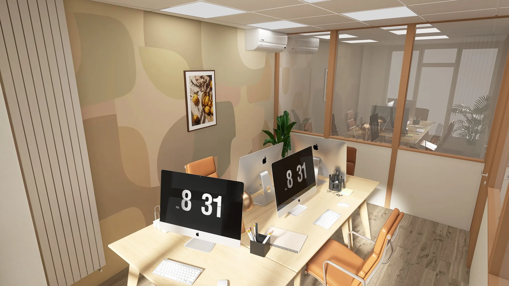 Rendu 3D d’un bureau vu d’en haut : postes en bois clair, ordinateurs, mur aux formes peintes, cloisons vitrées.