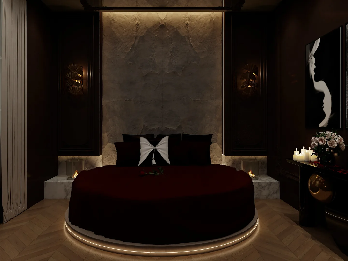 Rendu 3D d’une suite : lit rond en velours bordeaux sur un socle lumineux, tête de lit en pierre, appliques dorées, bougies.