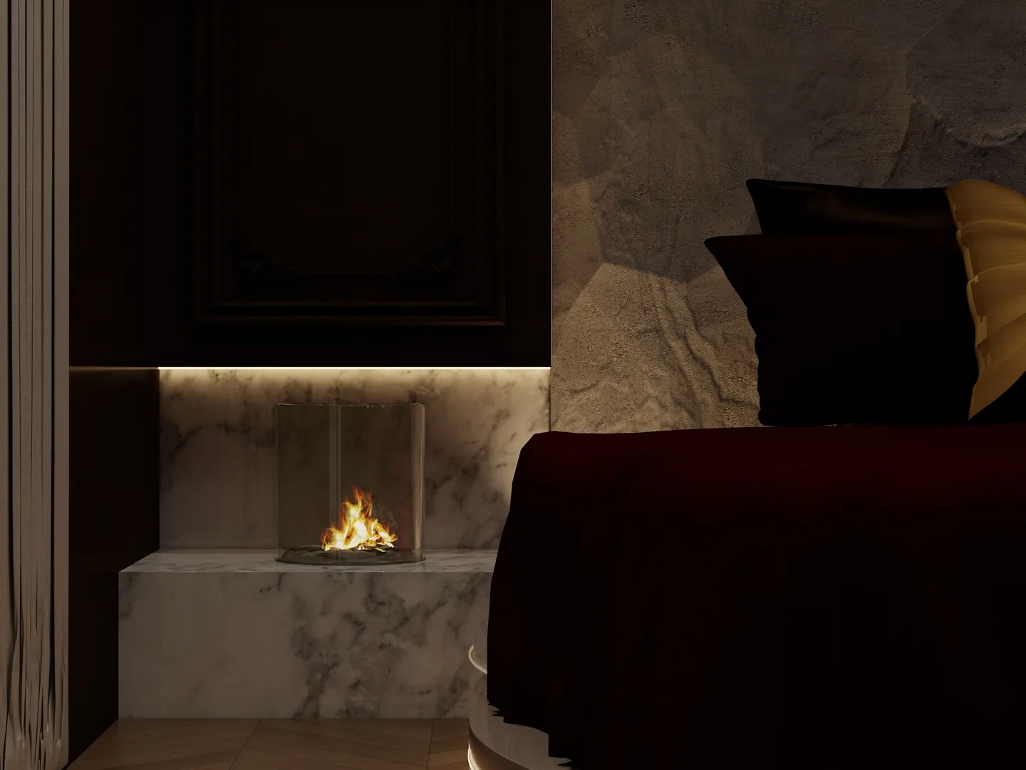 Rendu 3D d’une suite : cheminée encastrée dans le marbre, lit en velours bordeaux, coussins noirs et dorés.