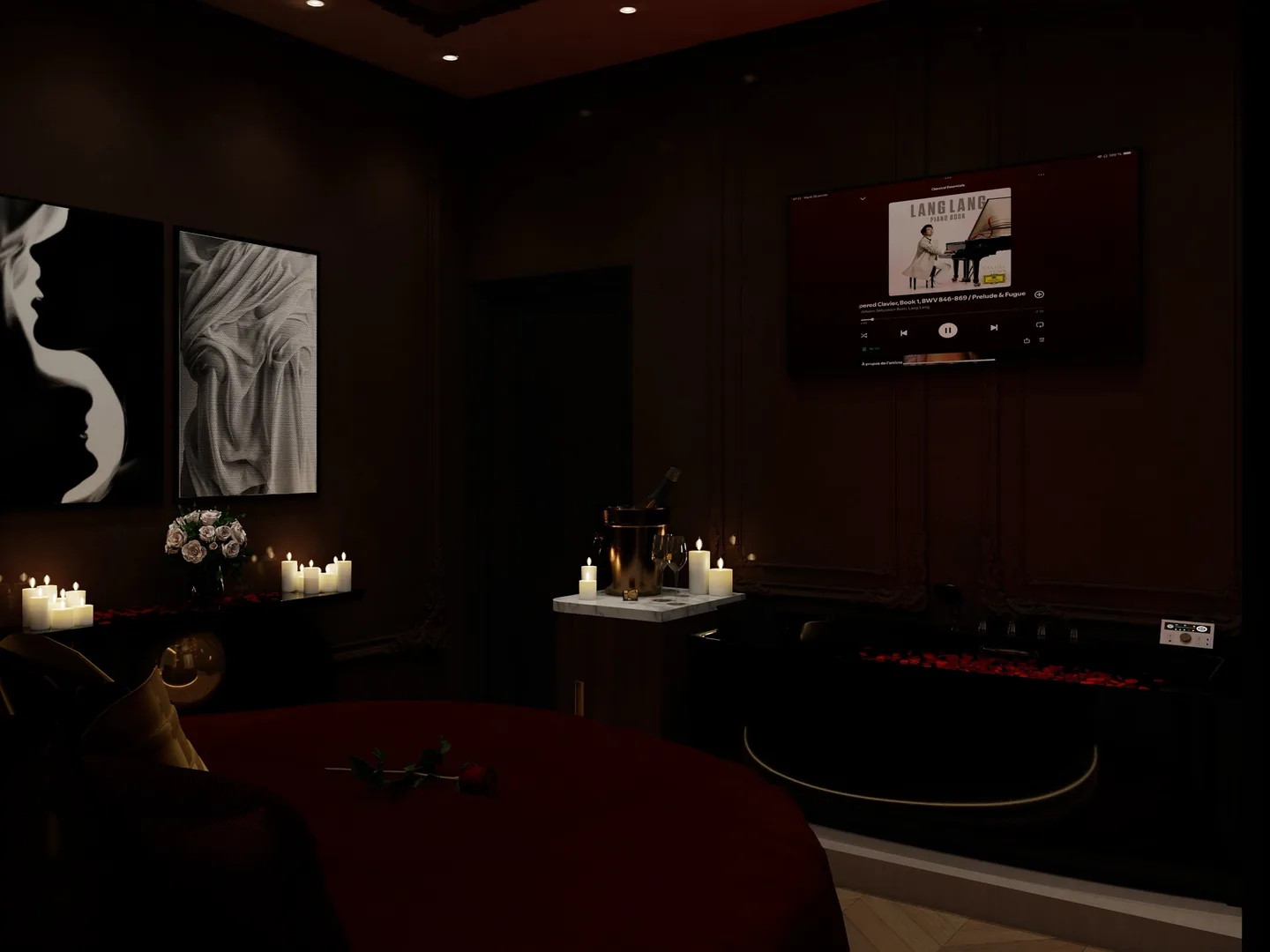 Rendu 3D d’une suite : bain à remous, lit rond en velours bordeaux, tableaux en noir et blanc, bougies, boiseries sombres.