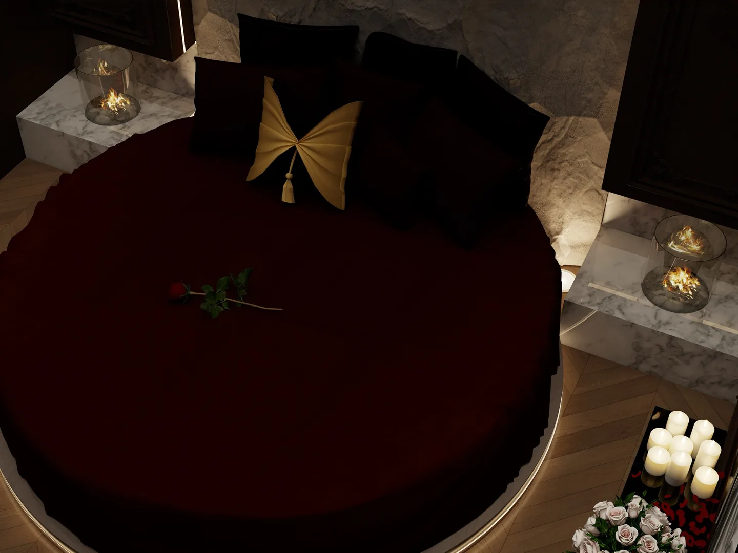 Rendu 3D d’une suite vue d’en haut : lit rond en velours bordeaux, coussin à nœud doré, bougies et roses, cheminée.