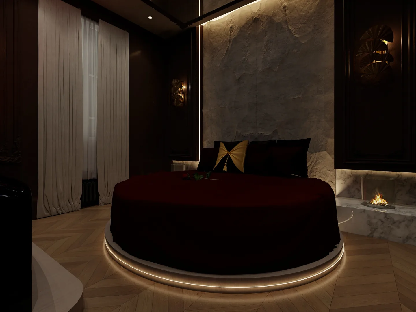 Rendu 3D d’une suite : lit rond en velours bordeaux sur socle lumineux, tête de lit en pierre, cheminée, voilages.