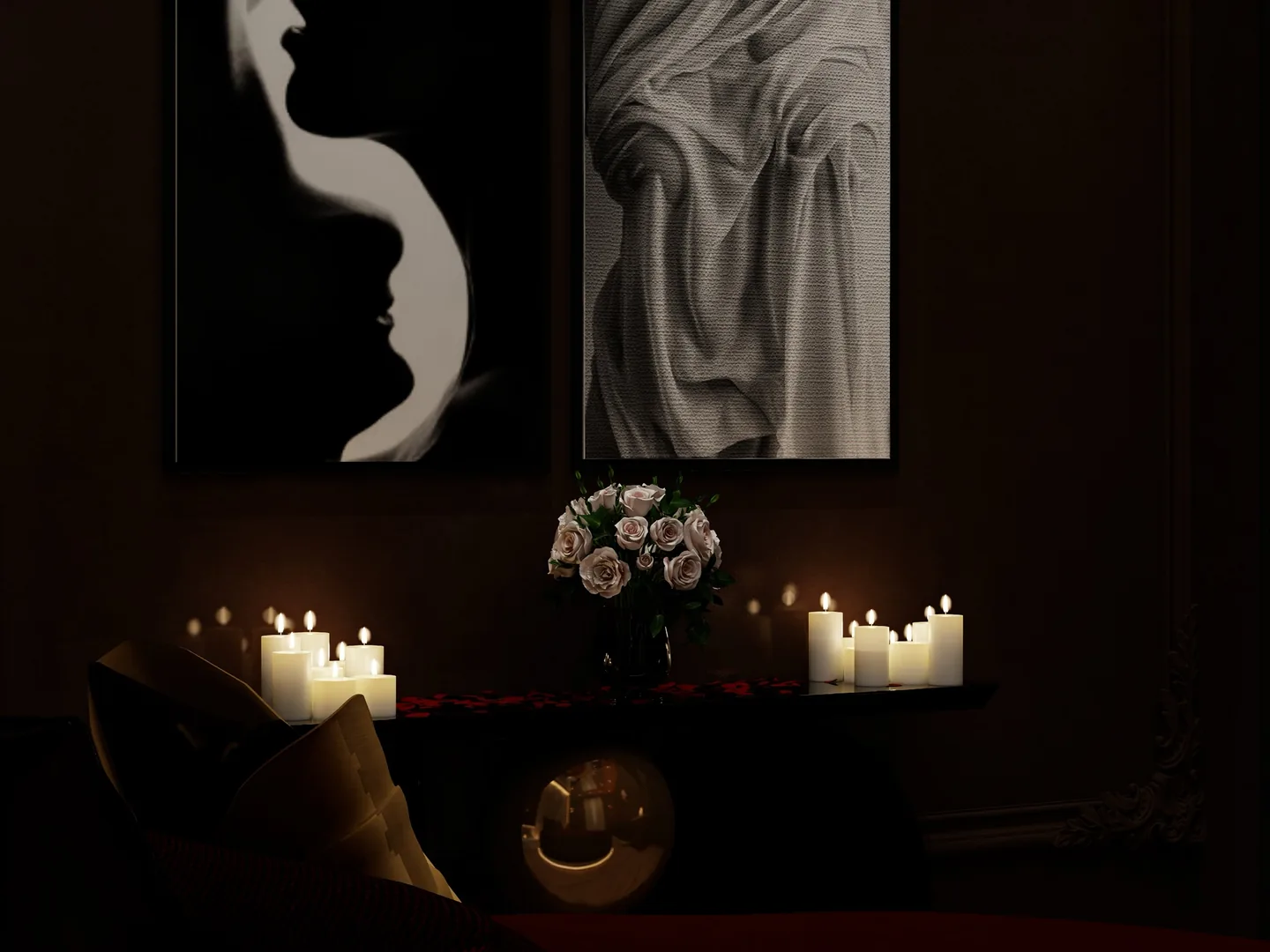 Rendu 3D d’un détail de suite : bougies, bouquet de roses blanches, tableaux en noir et blanc, coussins dorés.