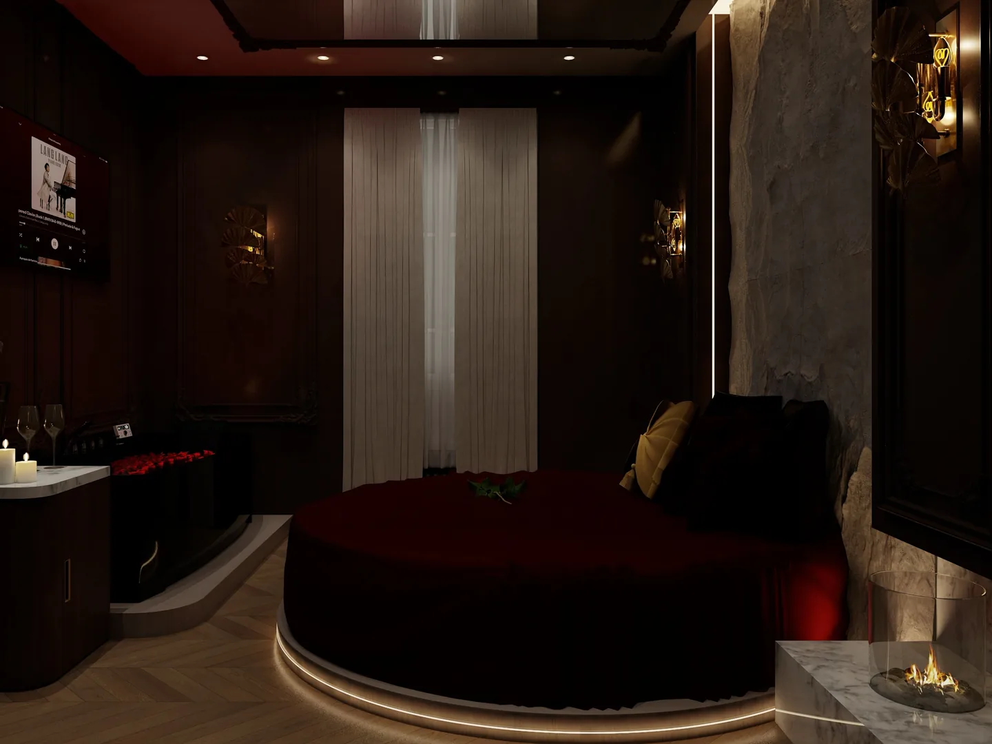 Rendu 3D d’une suite : lit rond en velours bordeaux, bain à remous semé de pétales, mur de pierre, voilages.