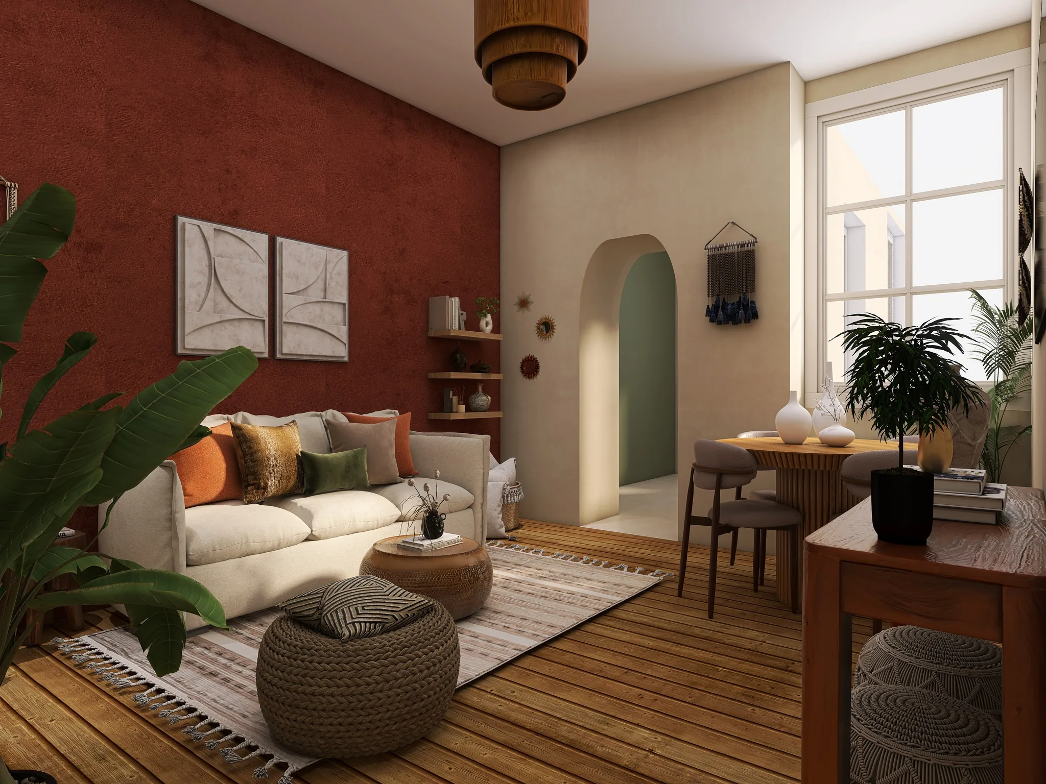 Rendu 3D d’un séjour : mur rouge brique, canapé blanc et coussins colorés, passage en arche, plancher en bois.