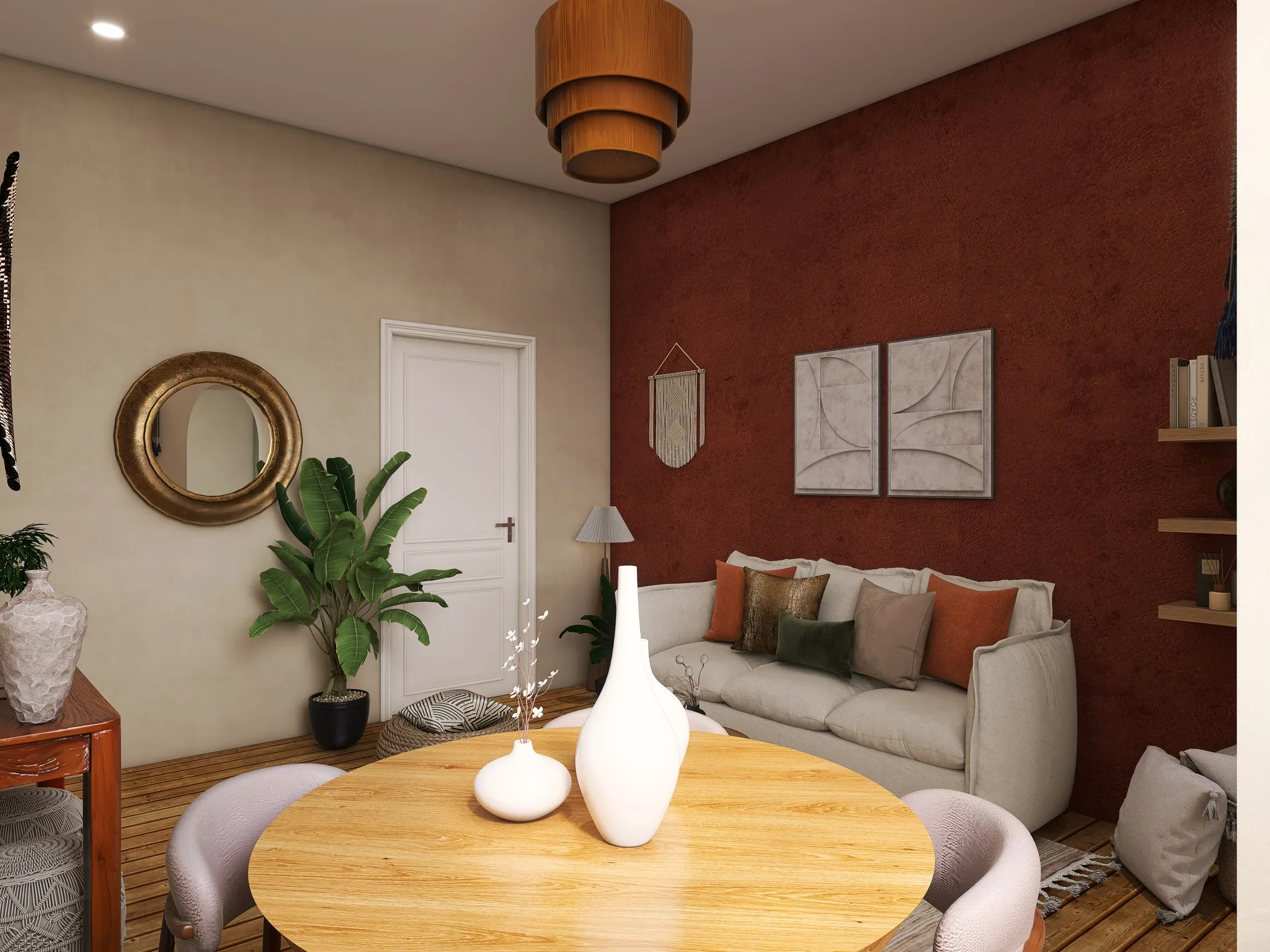 Rendu 3D d’une salle à manger : table ronde en bois clair, vases blancs, miroir doré, canapé sur un mur rouge brique.