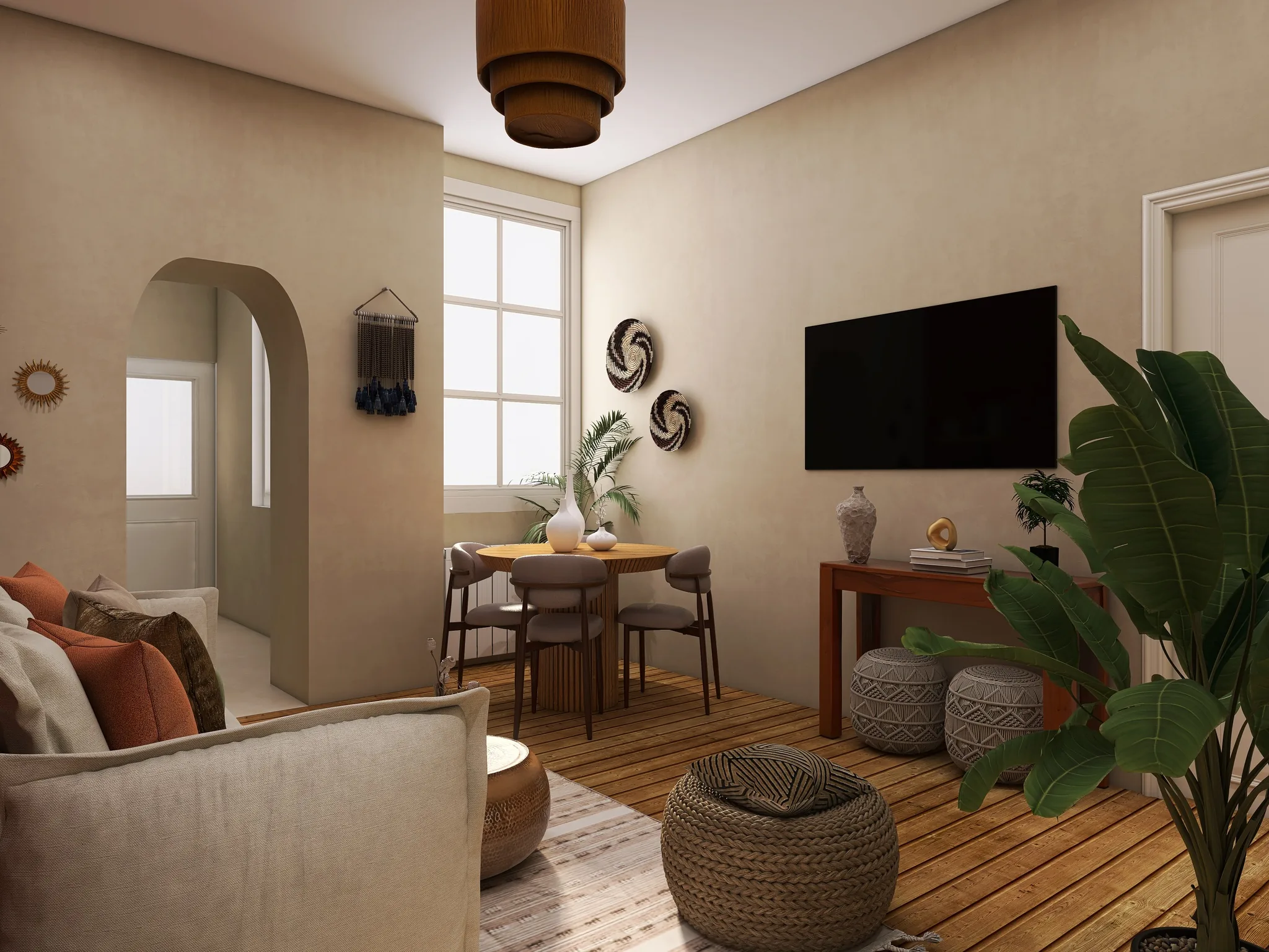Rendu 3D d’un séjour : passage en arche, table ronde et chaises, télévision, grandes plantes, plancher en bois.