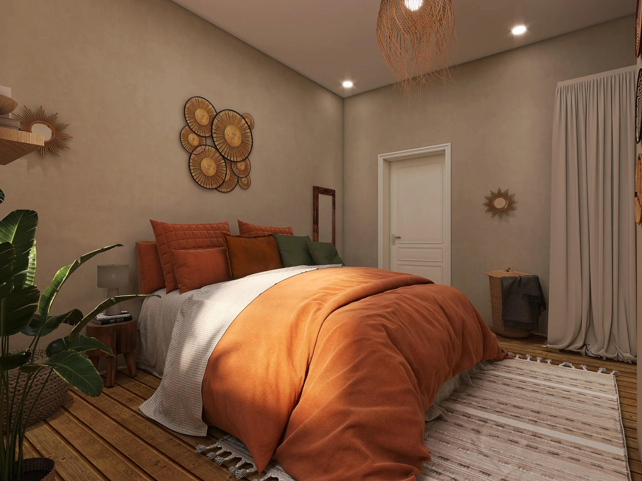 Rendu 3D d’une chambre : lit au linge terre cuite, assiettes tressées au mur, rideau, plancher en bois.