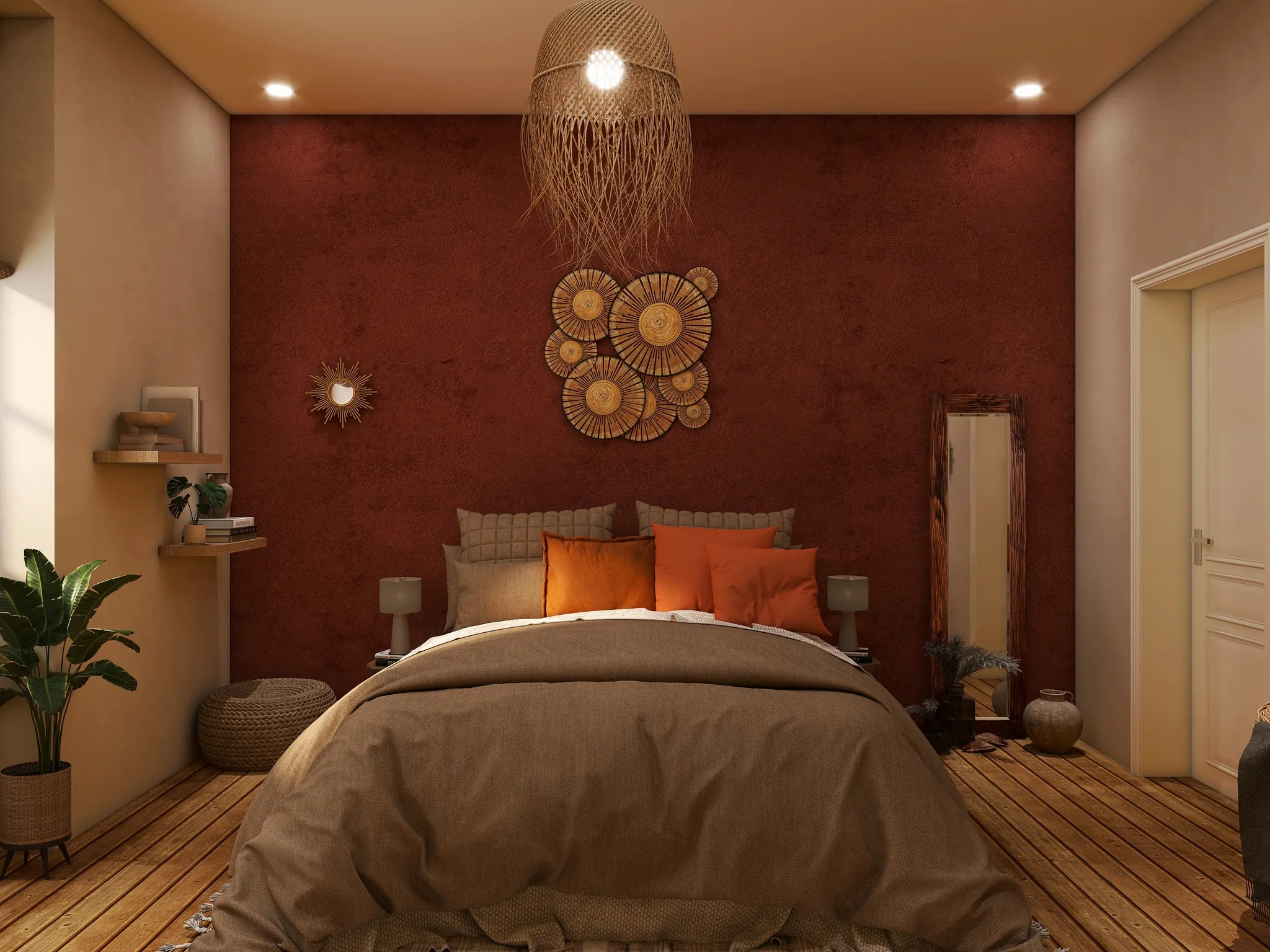 Rendu 3D d’une chambre : mur rouge brique, suspension en fibres, assiettes tressées, linge beige et orange.