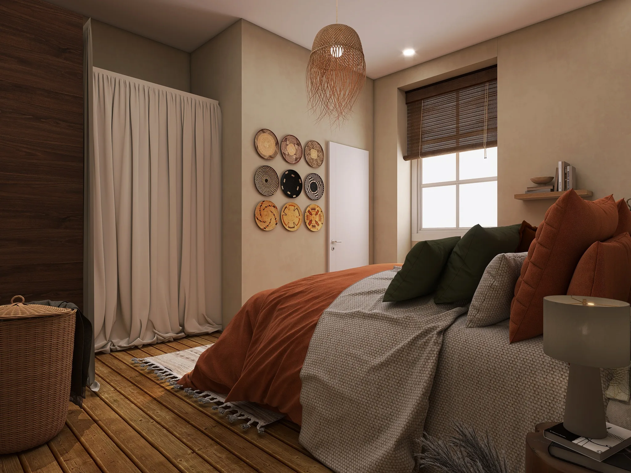 Rendu 3D d’une chambre : lit au linge terre cuite et vert, assiettes tressées au mur, store en bois.