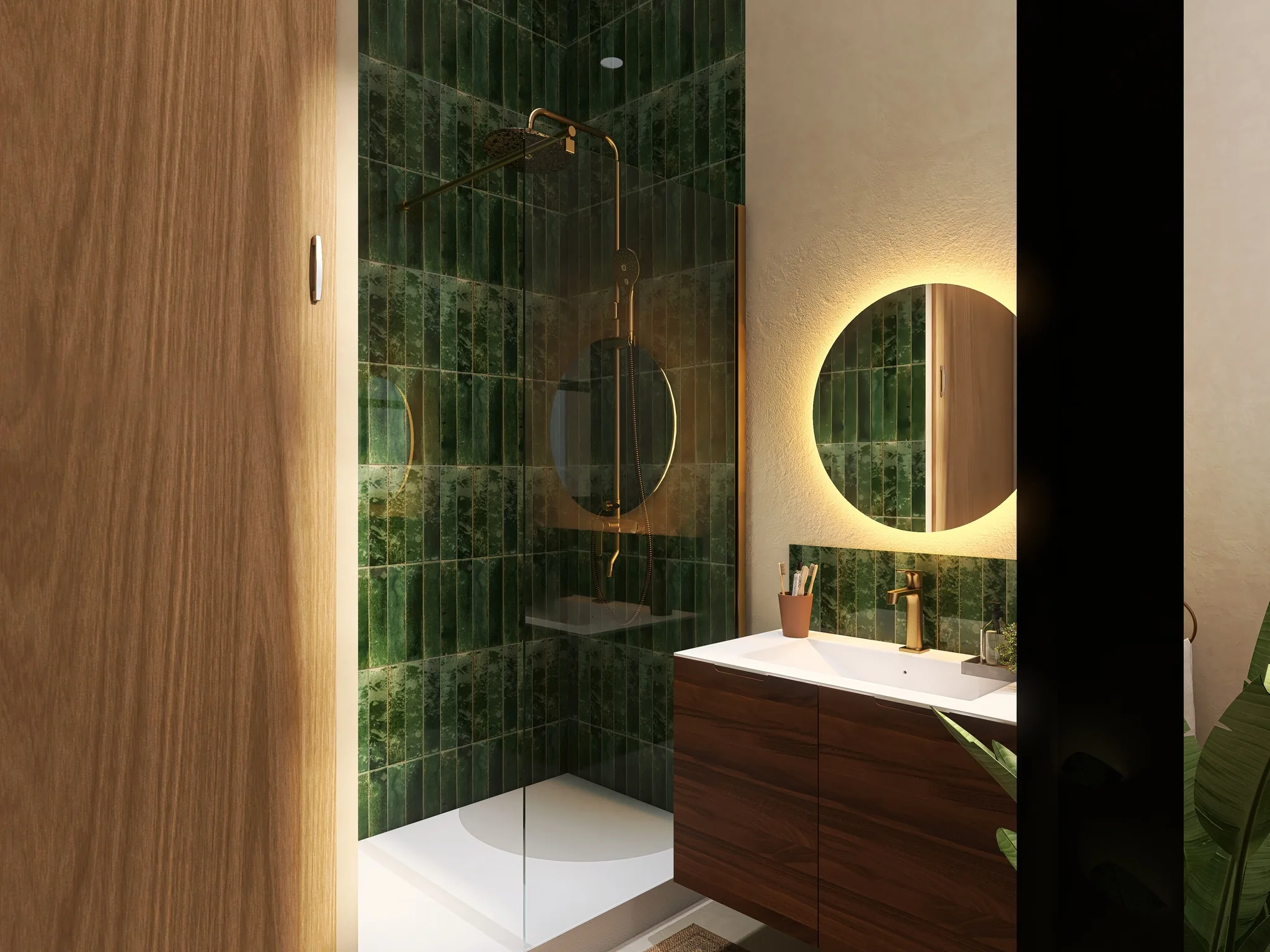 Rendu 3D d’une salle d’eau : douche au zellige vert, miroir ovale rétroéclairé, robinetterie dorée, meuble en noyer.