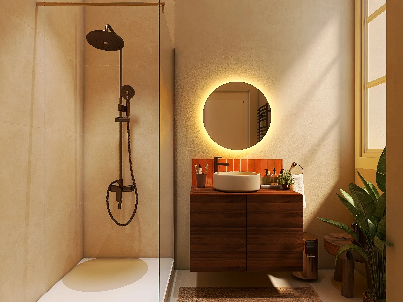 Rendu 3D d’une salle d’eau : douche à colonne noire, miroir rond éclairé, vasque posée sur un meuble en bois, crédence orange.